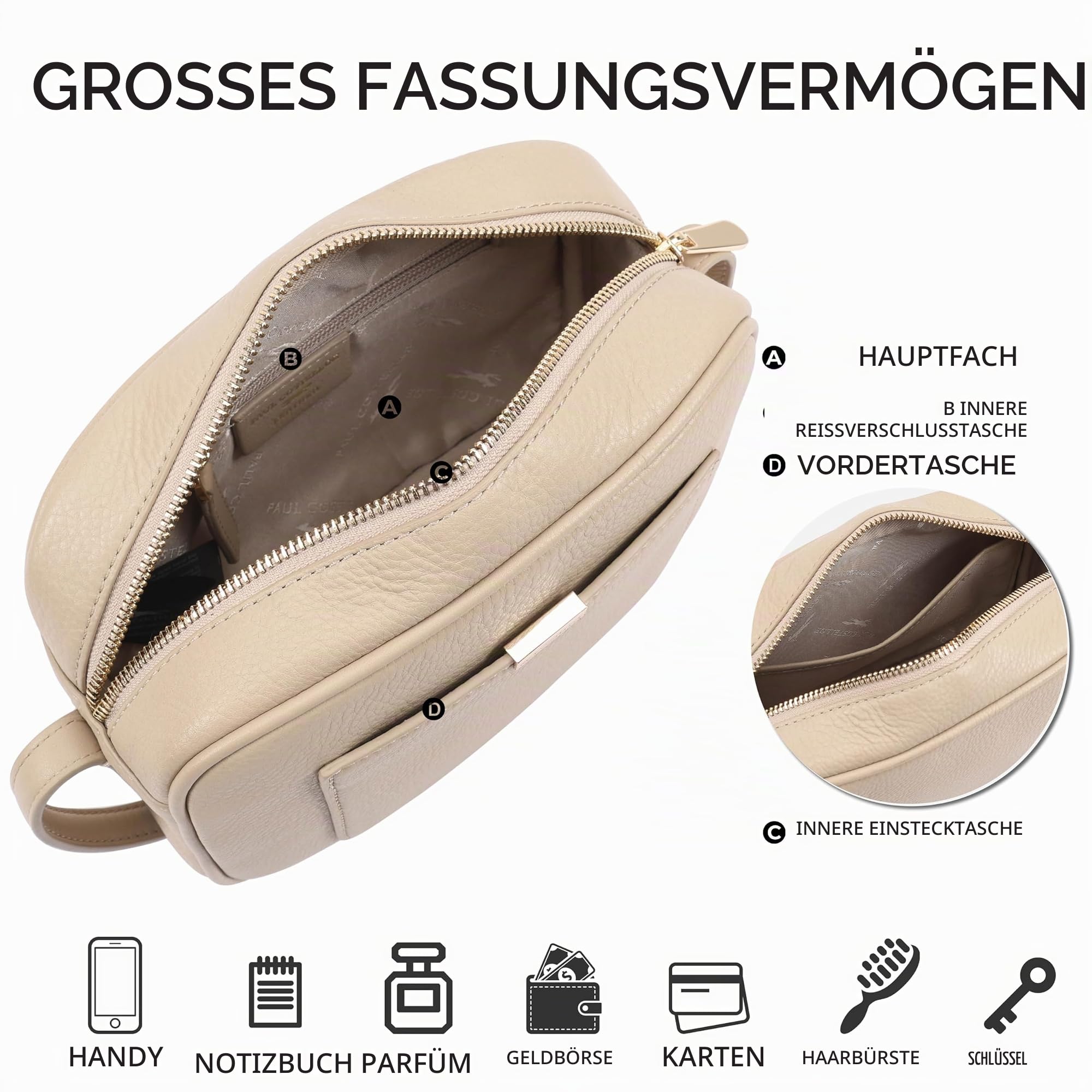 PAUL COSTELLOE Sazava Umhängetasche aus echtem Leder mit verstellbarem Riemen und goldfarbenen Metallteilen – stilvoll und vielseitig über der Schultertasche für Damen