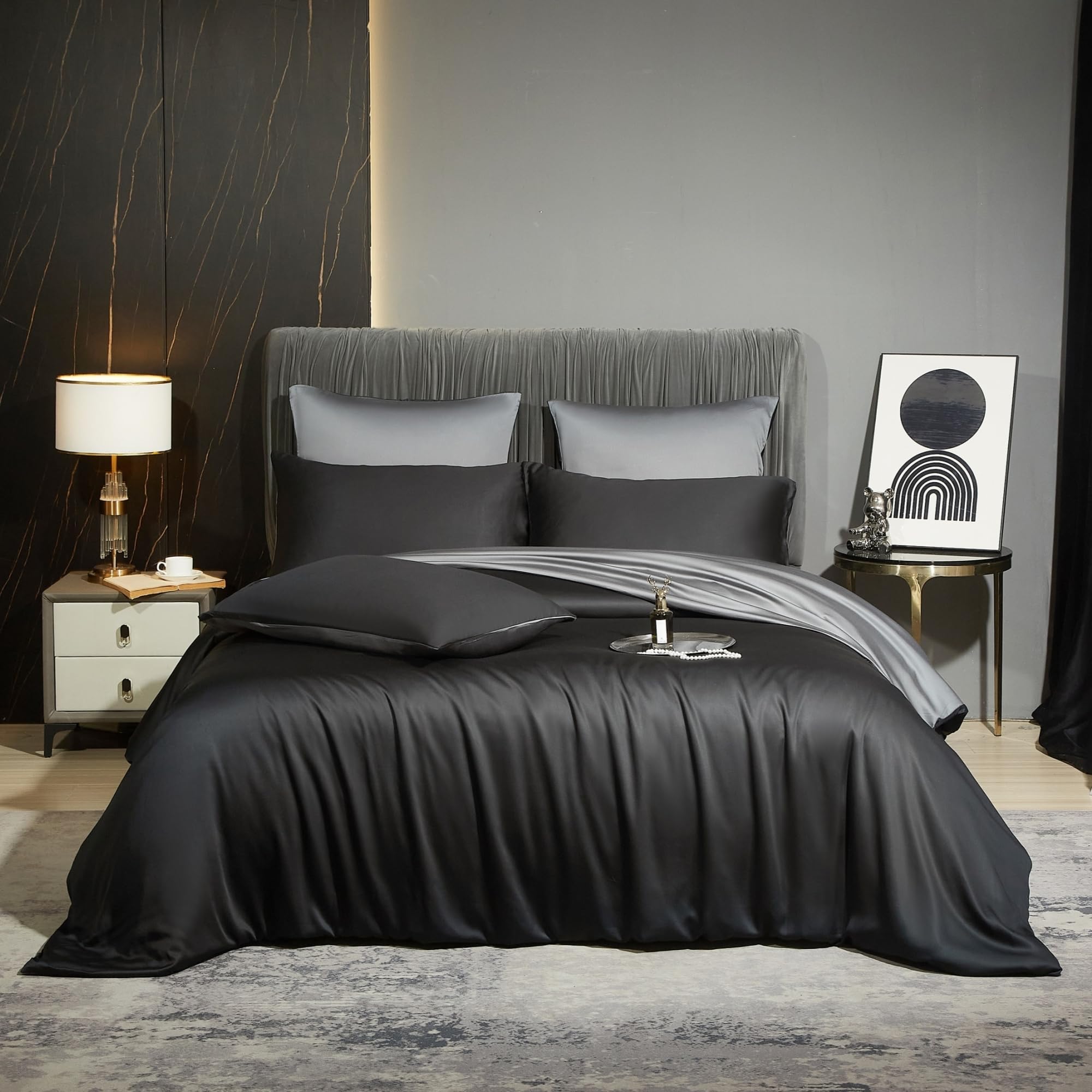 Luowei Sommer Bambus Bettwäsche 135x200 cm Schwarz Grau Weich Kühlend Atmungsaktiv Bettbezug Set aus 100% Bambus Lyocell Oeko-TEX Bettwäsche mit Reißverschluss und 1 Kissenbezug 80x80 cm