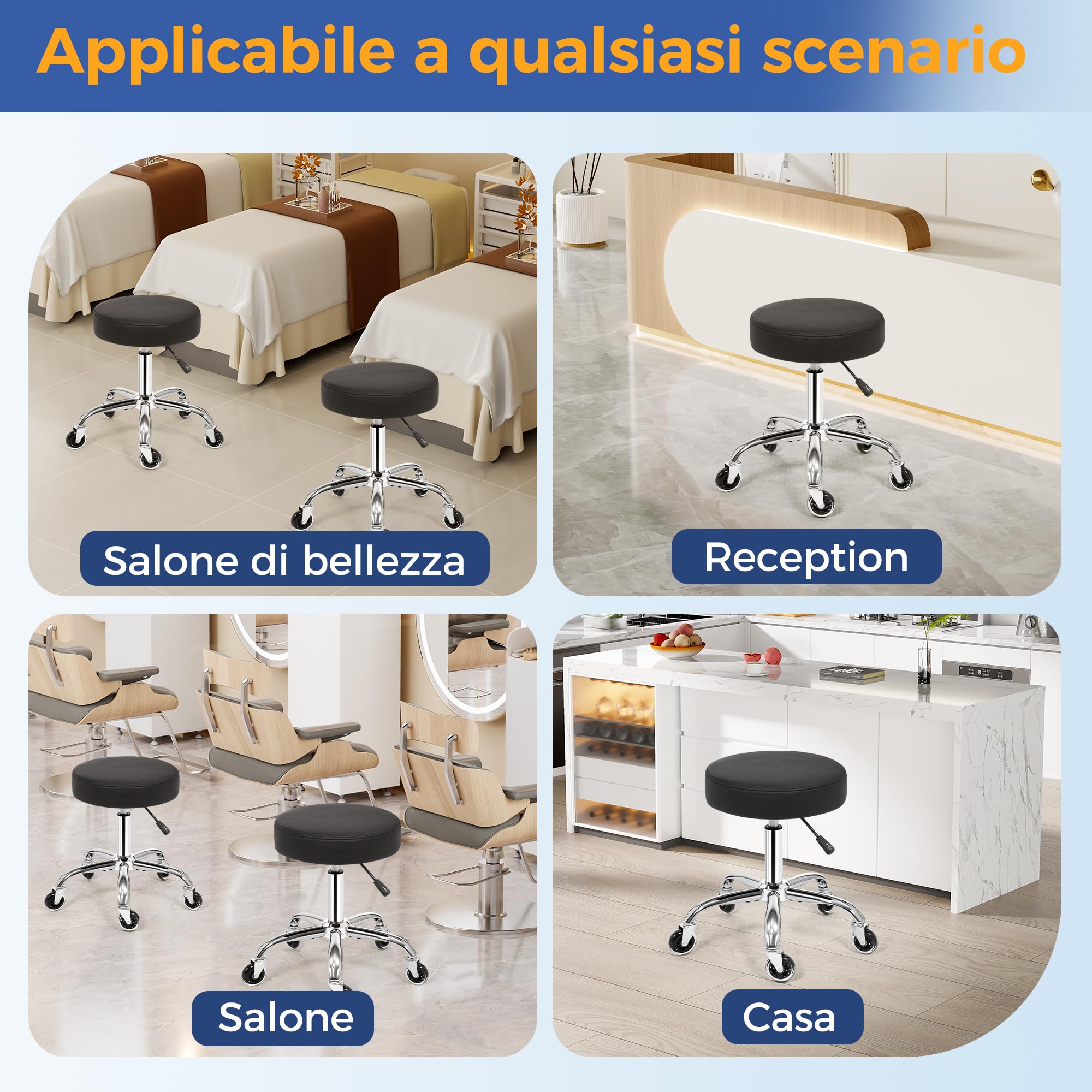 ANWBROAD Sgabello con Ruote Sgabello Regolabile in Altezza girevole a 360° | Sgabello da Lavoro con Portata fino a 205 kg per Spa Salone, Massaggi e Cliniche Nero WSC001B