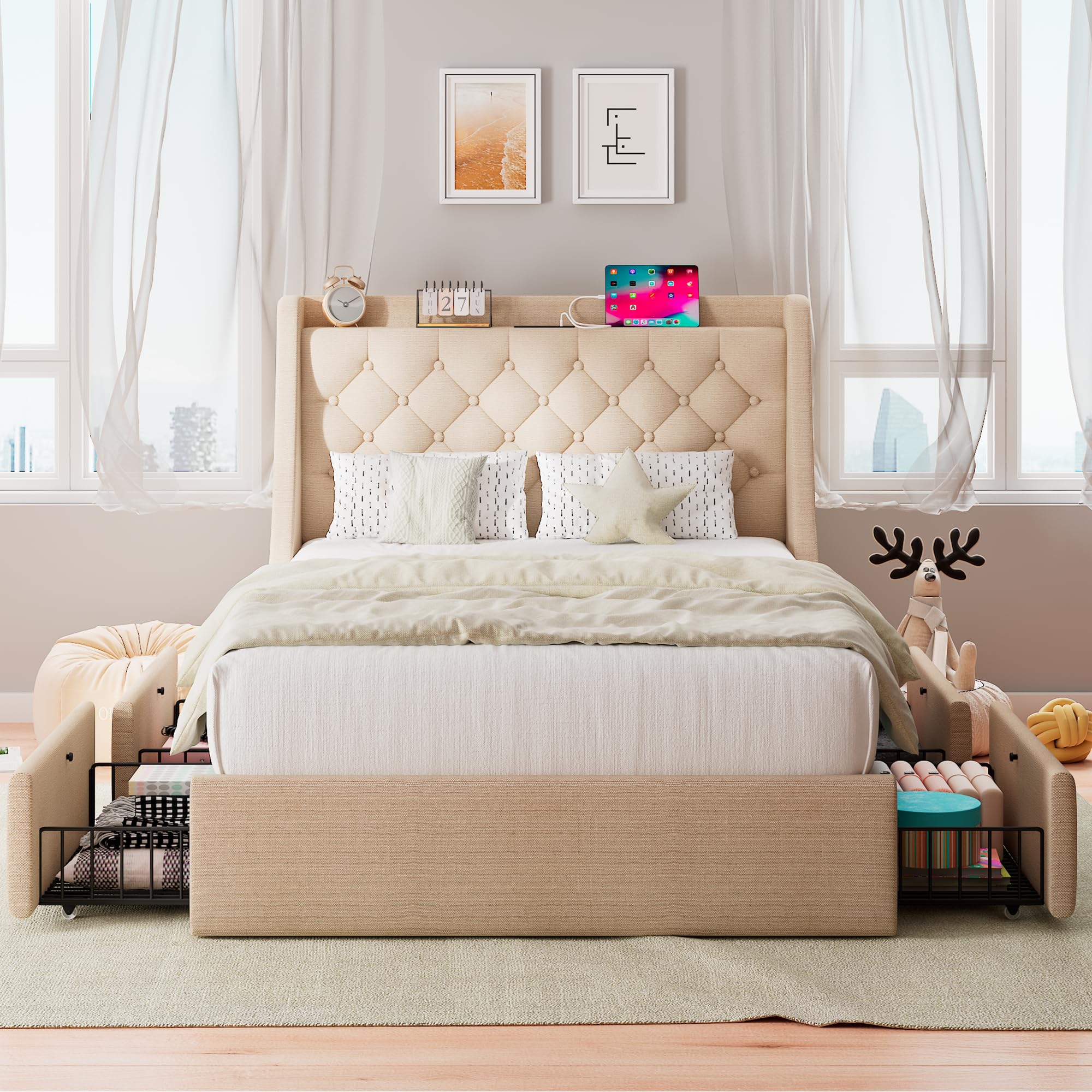 Feonase Twin Bed Frame with 4 Storage Drawers, Upholstered Wingback Headboard, Easy Assembly, No Box Spring Needed, Beige