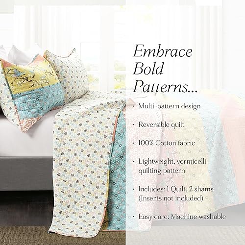 Miniatura 6 de Lush Decor Royal Empire - Juego de edredón reversible de algodón, juego de 3 piezas King, azul y coral, juego de ropa de cama a rayas, edredón