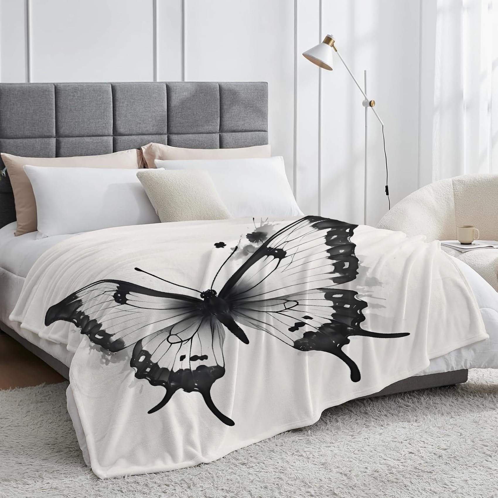 Generisch Puszysty koc czarno-biały motyl 200 x 200 cm, miękki i dwustronny, jasnobeżowy koc polarowy, idealny koc na sofę dla wszystkich, przytulny koc na sofę i łóżko SF419