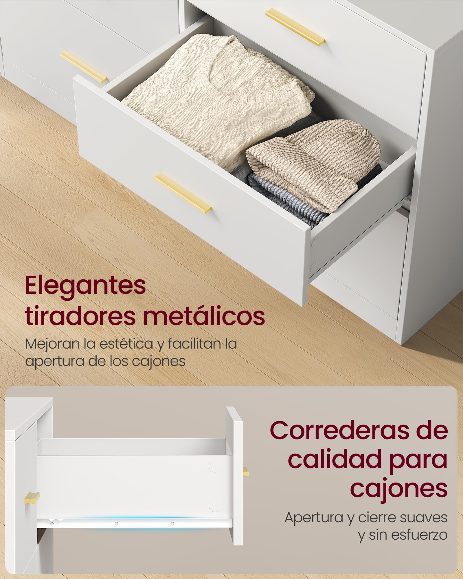 VASAGLE Custos Colección - Cómoda para Dormitorio, Mueble Almacenaje con Cajones, Soporte Moderno para TV de Salón, 6 Cajones, 40 x 119 x 78 cm, Blanco Nube LTS416WB01