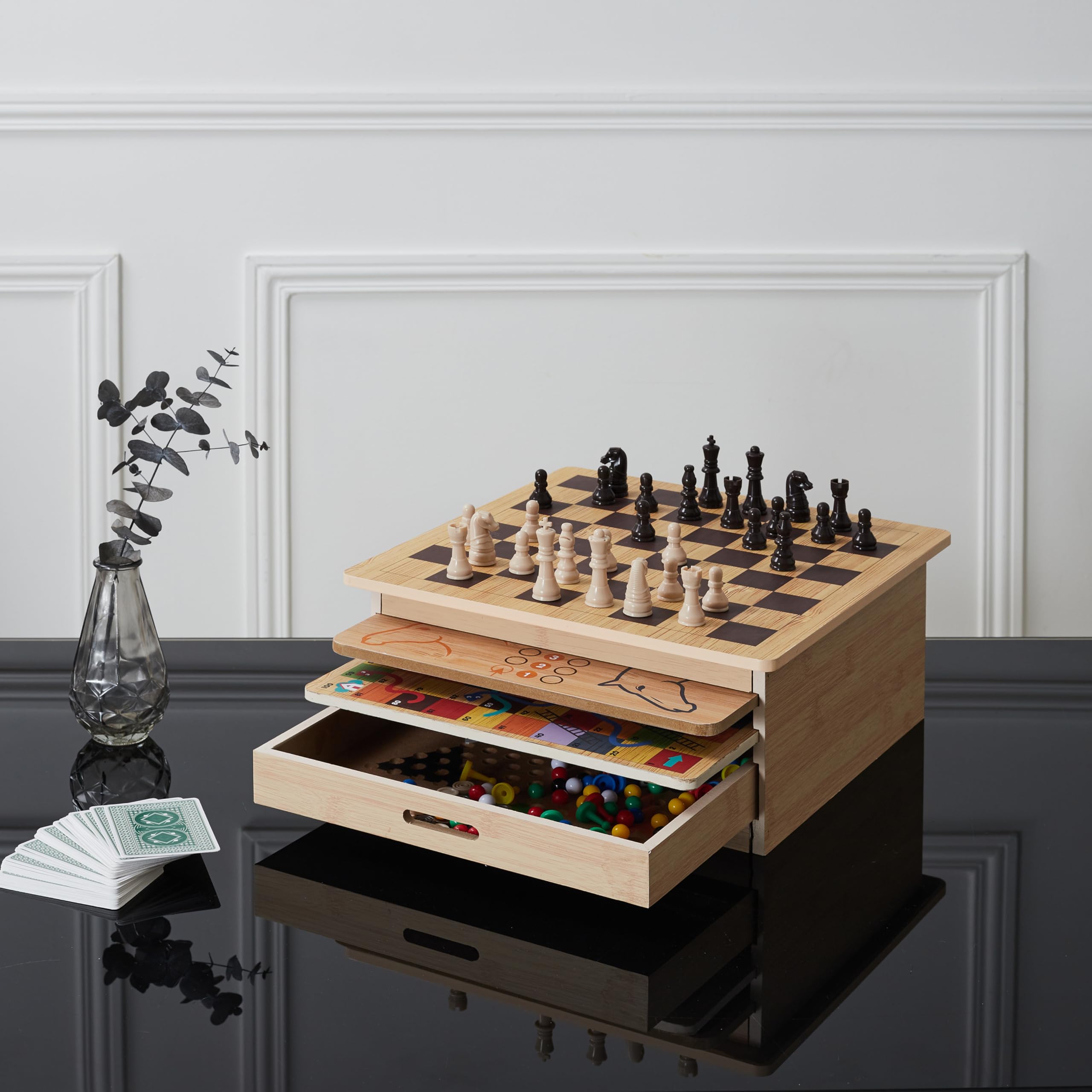 MISTER GADGET Coffret 10 Jeux de Société en Bois 32,5 cm Familial Marron | Bois MDF, coffret 10 jeux de société, 32,5 cm, échecs dames petits chevaux et plus, familial, marron