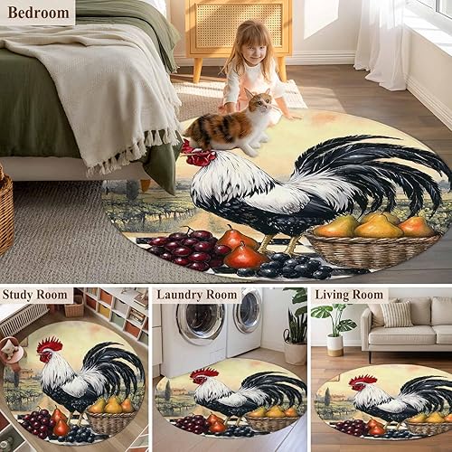Miniatura 6 de 3ft Round Rug, Rooster Non-Skid Rubber Backing Large Area Rugs - Living Room Bedroom Home Office, Retro Pastoral Animals Watercolor Indoor Floor