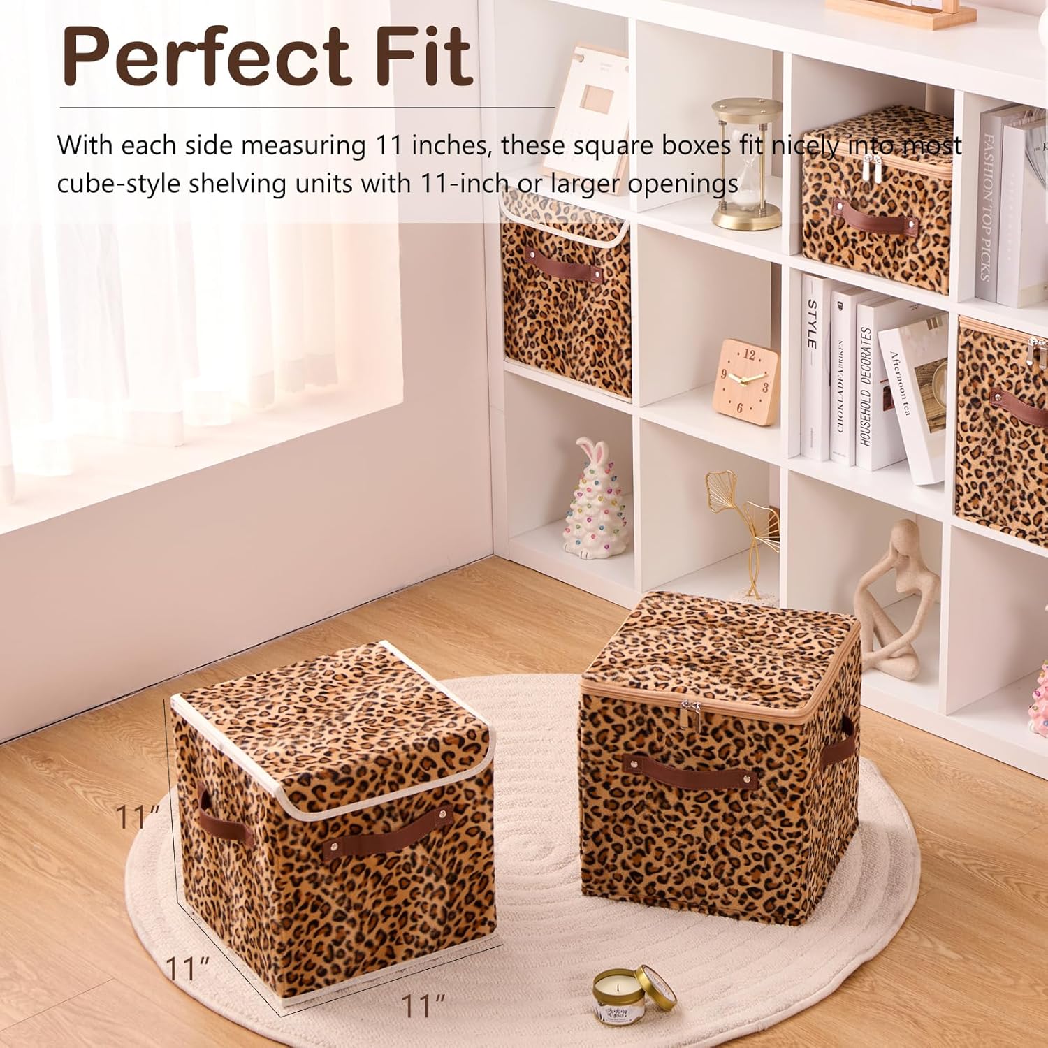 6PCS Storage Cubes with Flip-top Lid 11 Inch Leopard Print Velvet Fabric Cute Decorative Storage Bins Boxes PU Leather Handles Closet Organizer Container Foldable Washable Shelf Basket