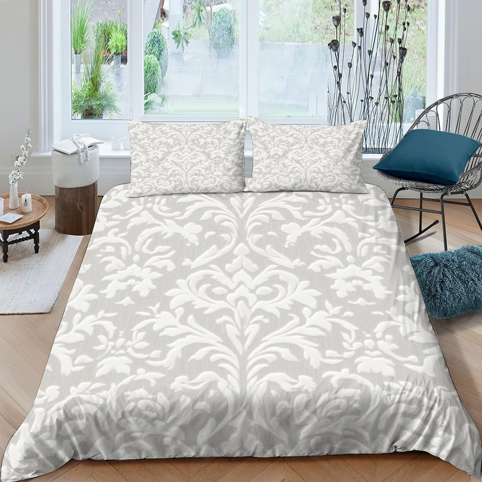 GPLZQXKJNH 3D Printed Baroque Damask Duvet Cover Microfiber Soft Breathable Floral Bedding Set with 2 Pillowcases for Bedroom Home Single（135x200cm）