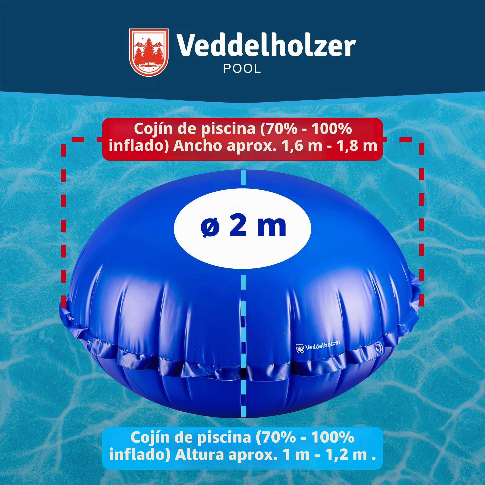 Veddelholzer Cojín redondo XXL de 2 m de diámetro para piscina, incluye cuerda de fijación de 6 m y kit de reparación, cojín de aire para cubierta de piscina. Accesorio de piscina perfecto para