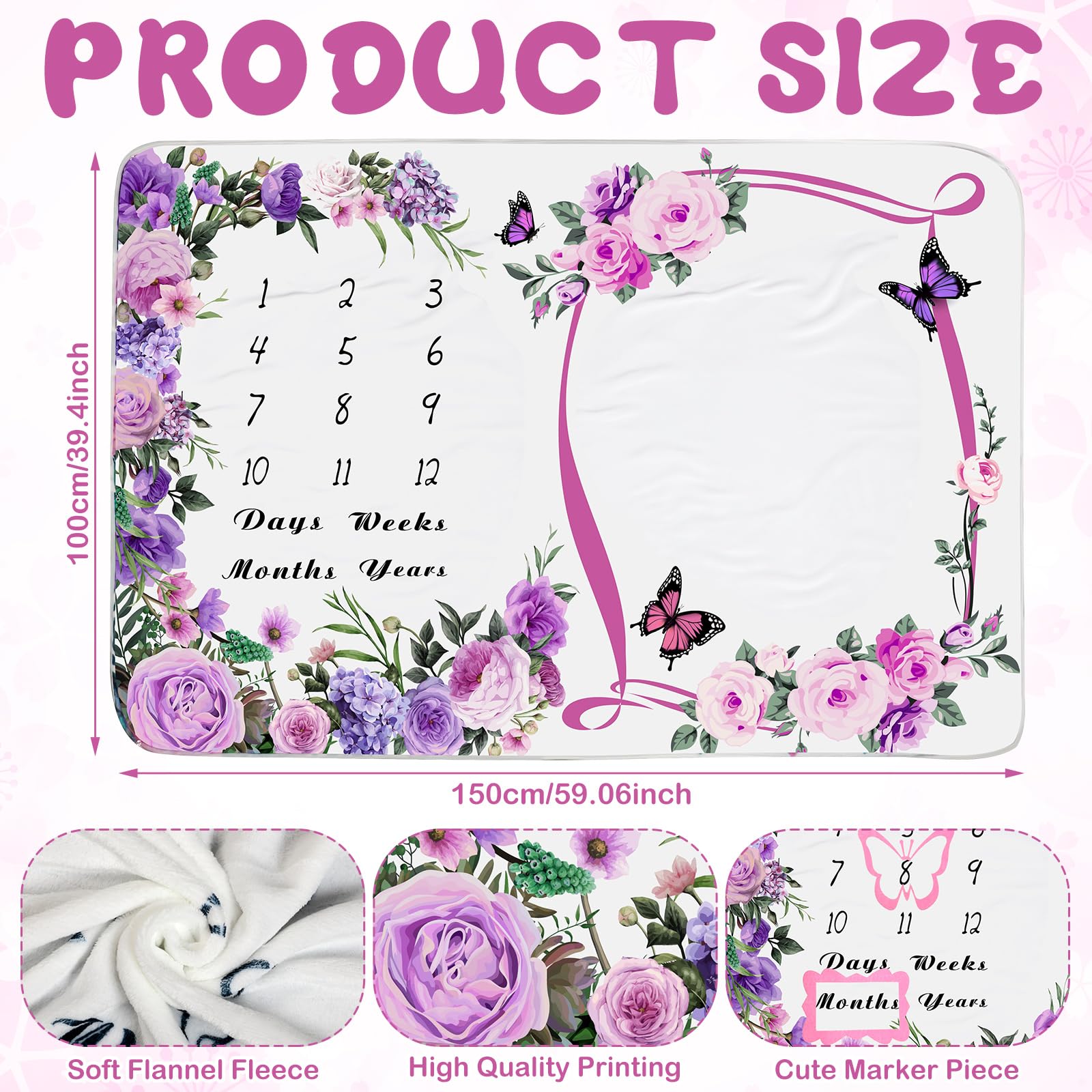 Chumia Manta mensual de hitos para bebé niña de 59 x 39 pulgadas, manta floral de mariposa para fotos, manta de hito de la edad del bebé con 2 marcos de corona floral de fieltro (morado)
