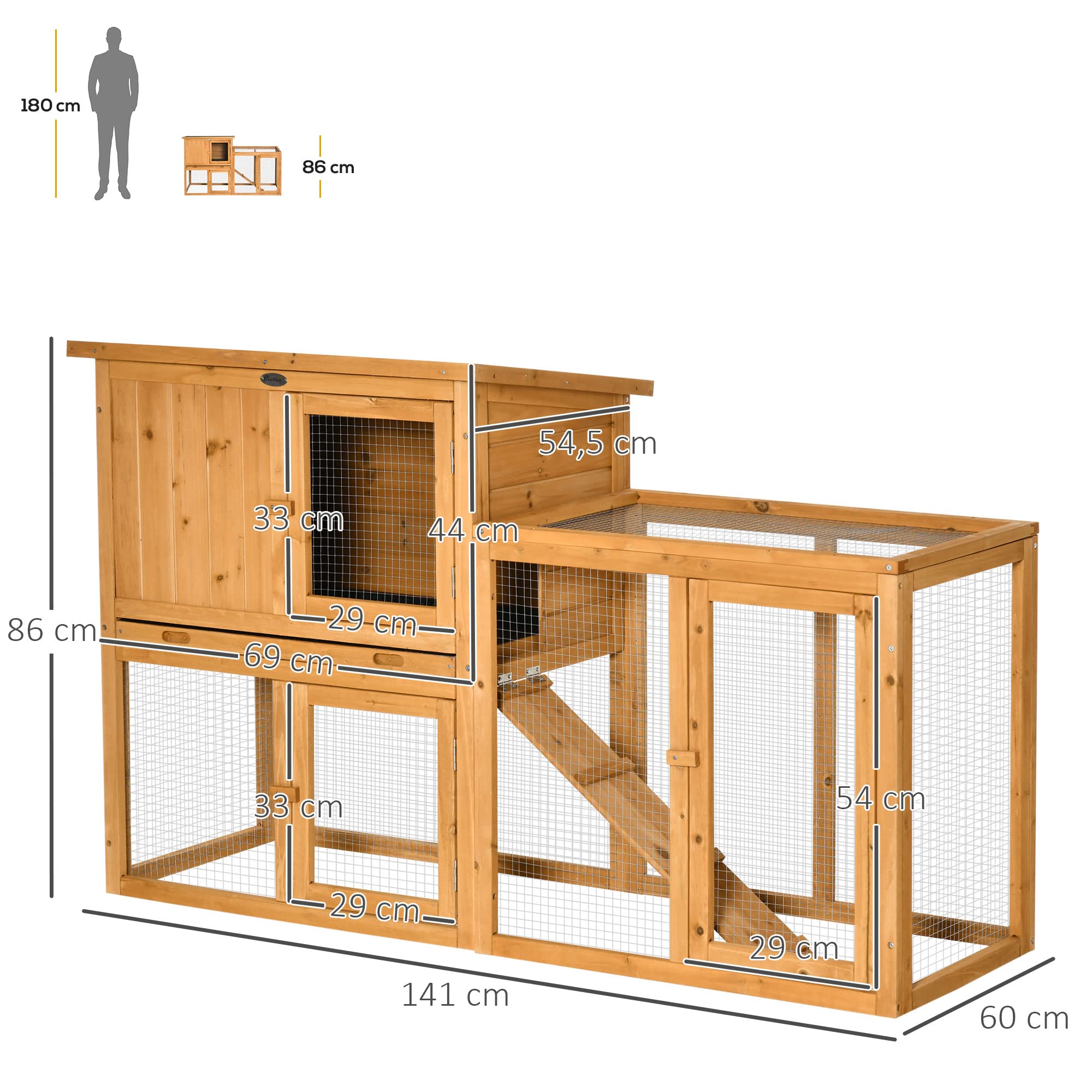 PawHut Gabbia 2 livelli con rampa 141x60x86 cm Arancione | Casa in legno per piccoli animali, ingressi multipli, vassoio rimovibile, interno/esterno