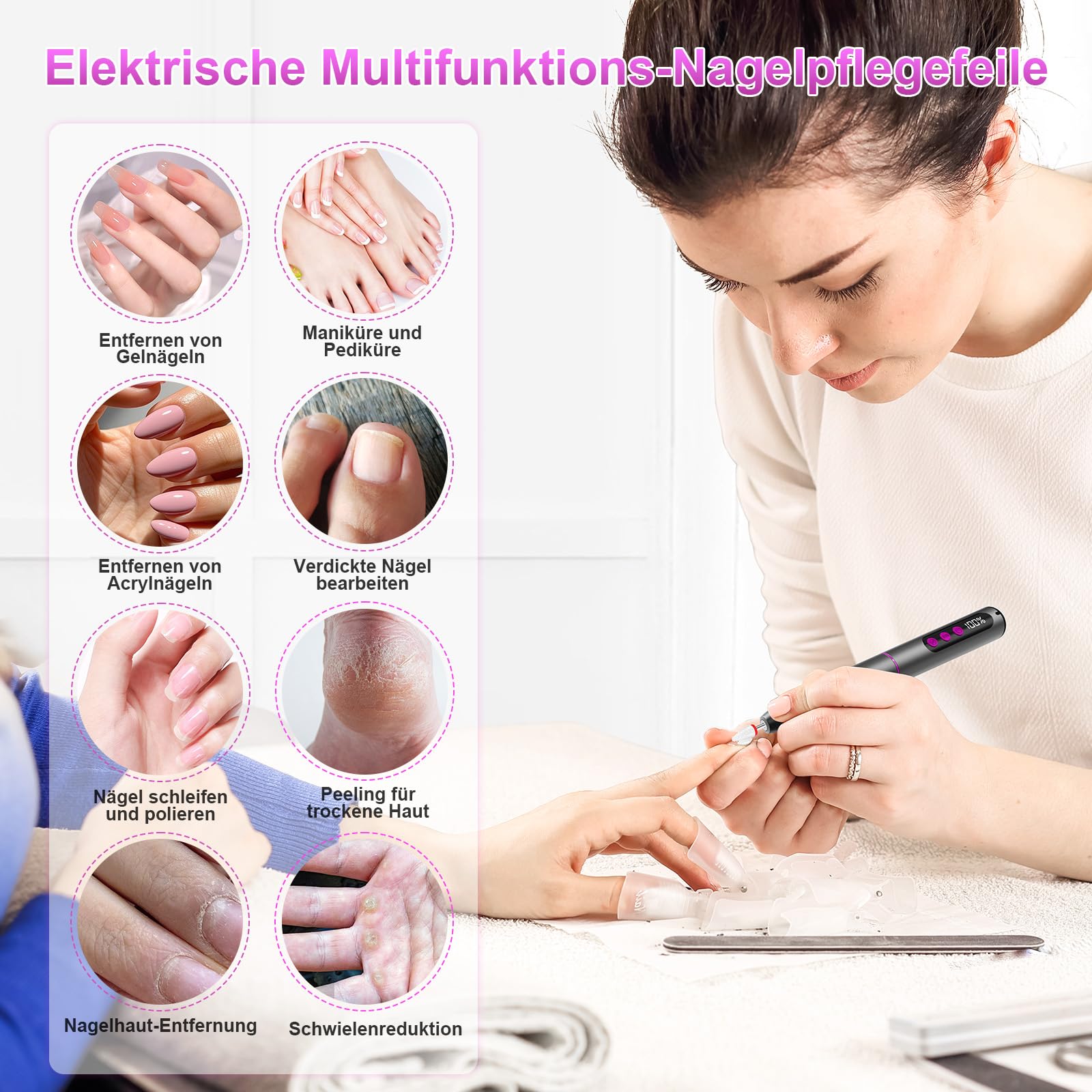 POFIBO Nagelfräser Kabellose Elektrische Nagelfeile - 35000 U/Min Nagelfräser für Gelnägel, 12 IN 1 Professionell Fräser für Nägel & Acrylnägel, Maniküre Pediküre Set mit 5 Geschwindigkeiten