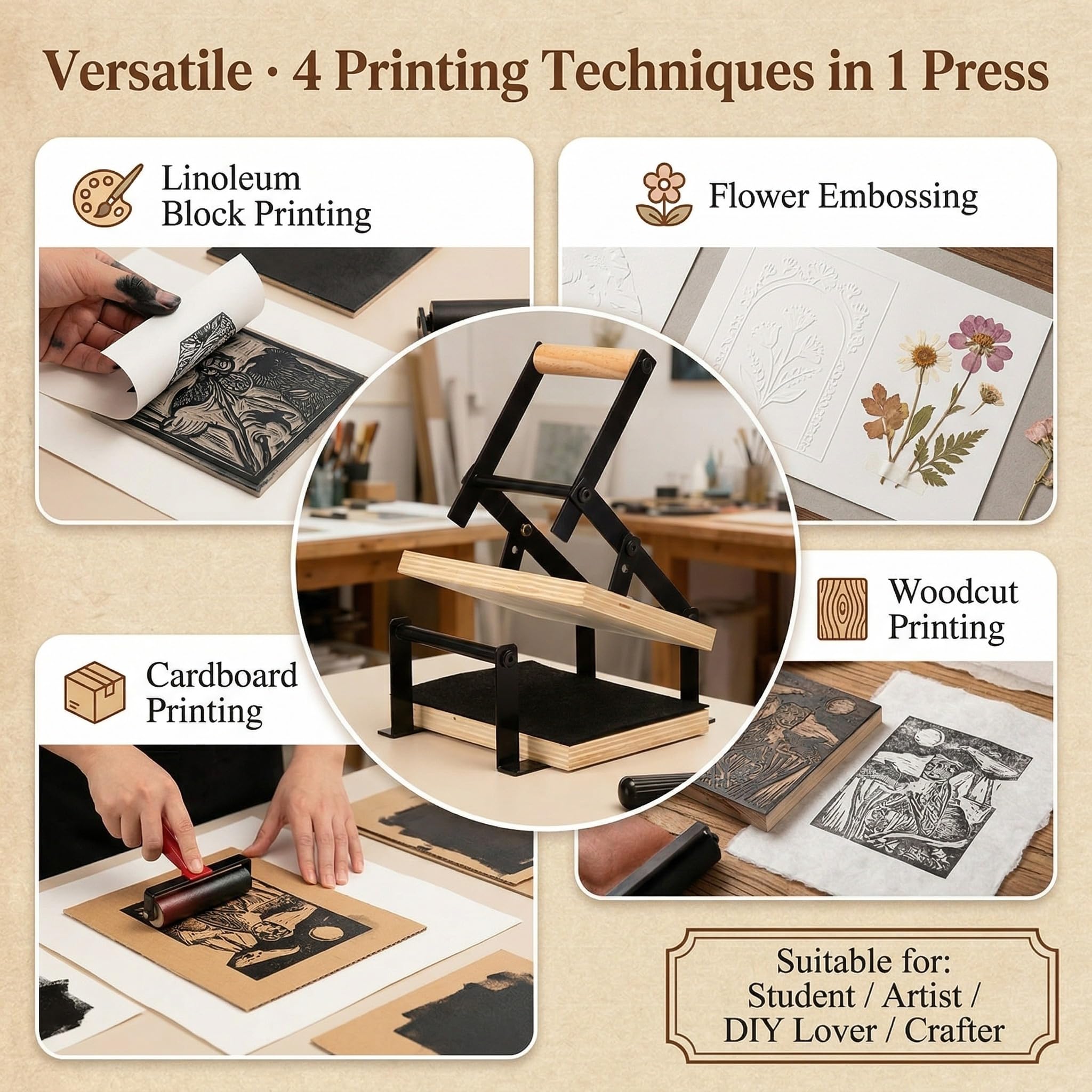 Macchina da stampa a leva manuale Linocut con rulli e feltrini per tagli di linoleum, taglio stampa, blocchi di linoleum, kit di strumenti per la stampa a blocchi di legno, nero A5
