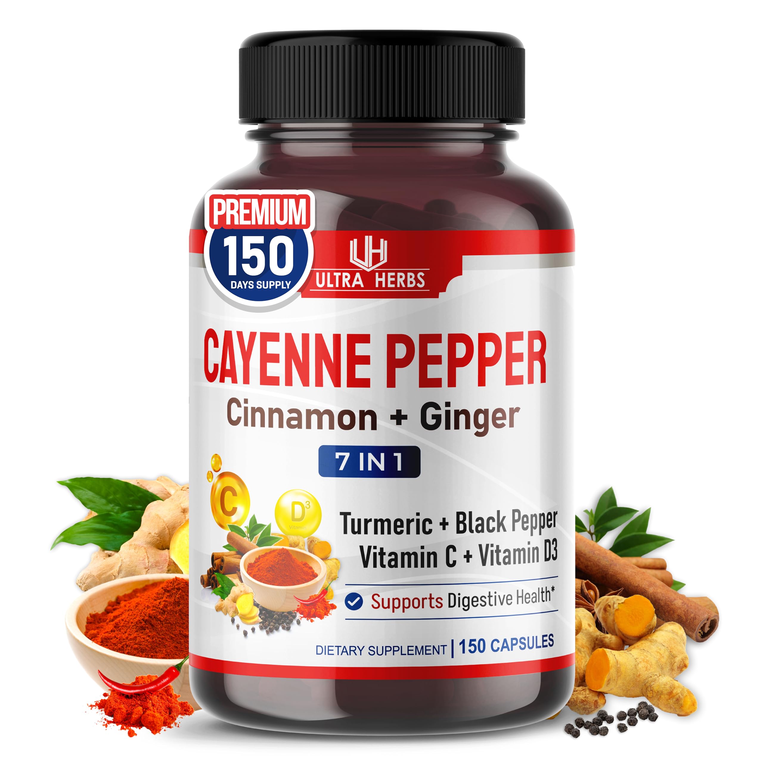 Cayenne Pepper 7 in 1 - with Ginger, Turmeric, Cinnamon, Black Pepper - Promotes Digestive System Function (150-day Supply (Pack of 1))