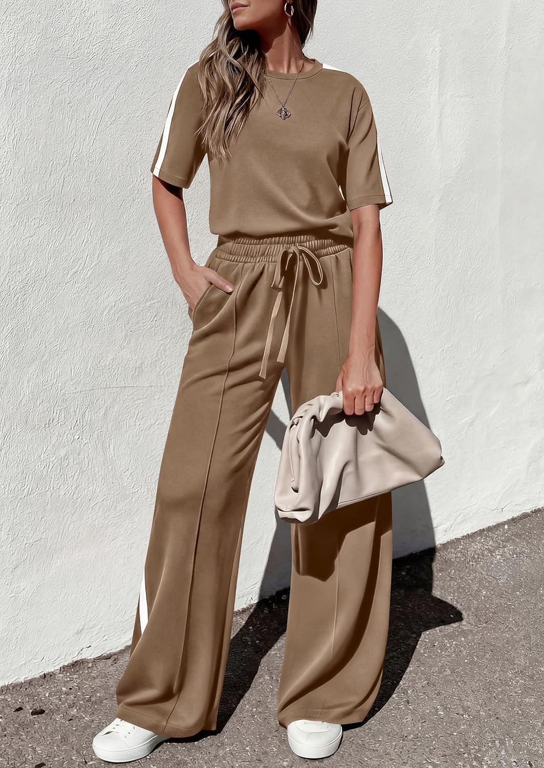 PRETTYGARDEN Women's 2 Piece Sets Summer Casual Short Sleeve Tops Wide Leg Pants Matching Lounge Set Vacation Travel Outfits - Image 2