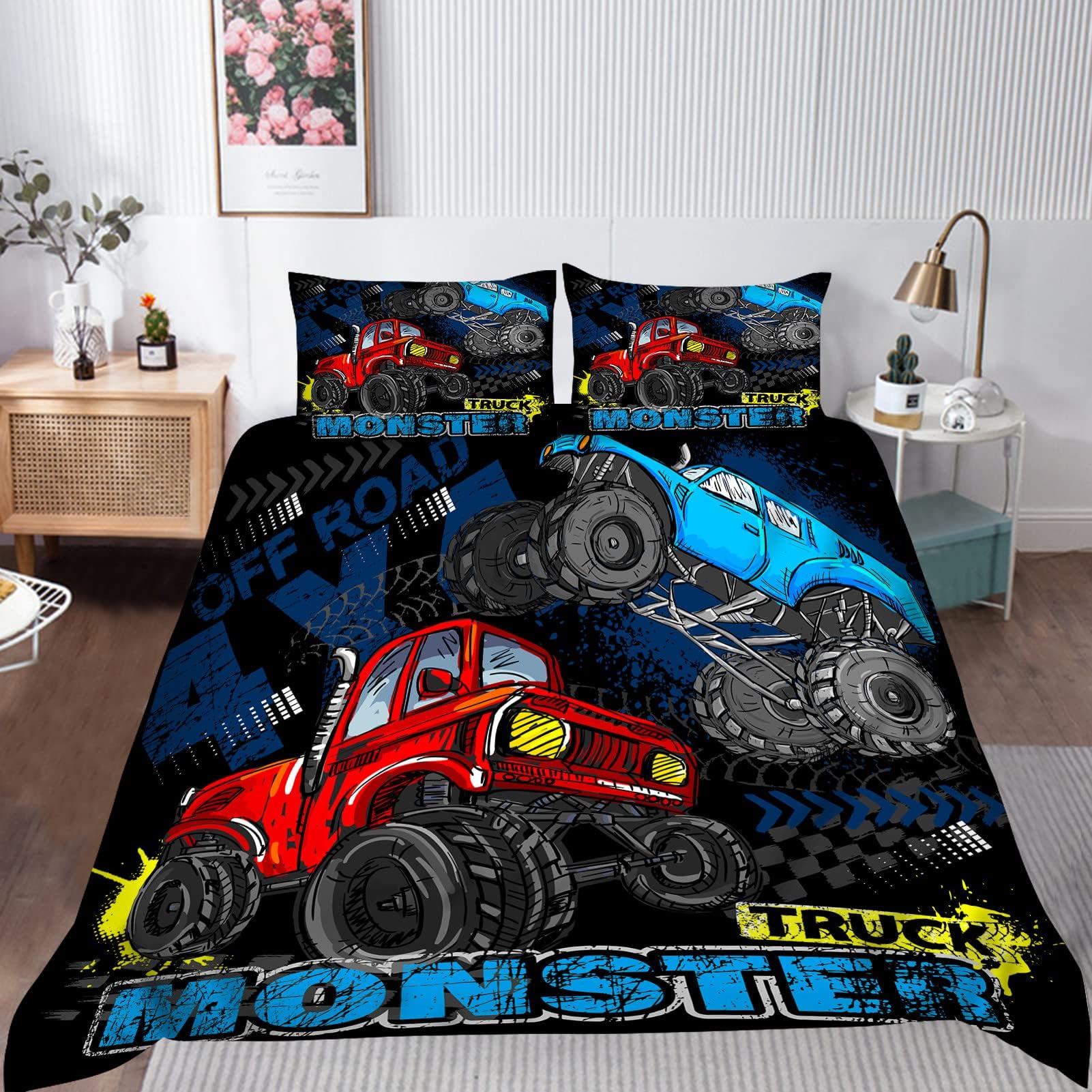 Monster Jam Single Duvet Cover Grave Digger, MaxD, Megalodon, Dragon