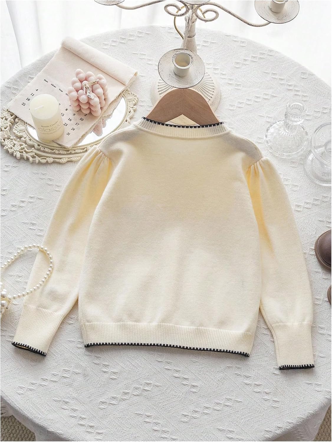 SHENHE Girl's Bow Print Button Front Cardigan Sweaters Crew Neck Long Sleeve Knit Outwear