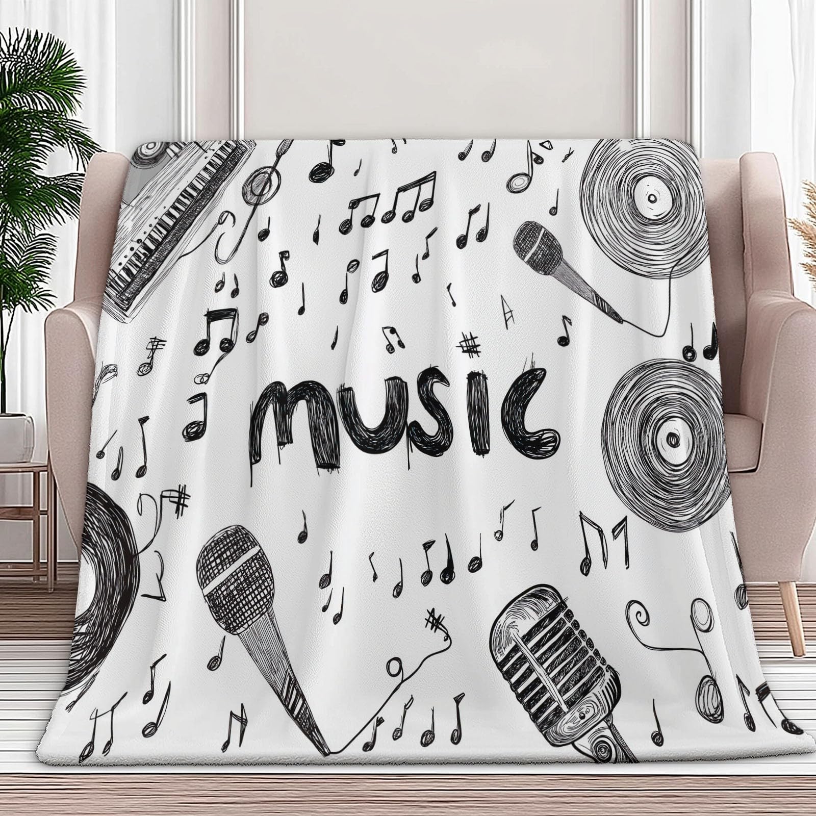 Manta para Sofá Ilustraciones Dibujadas Mano Grafitis Música Notas Musicales 220x240 cm Manta de Franela Extra Suave y Acogedora, Mantas para Cama, Mantas Sherpa Impresión 3D, para Toda Estación