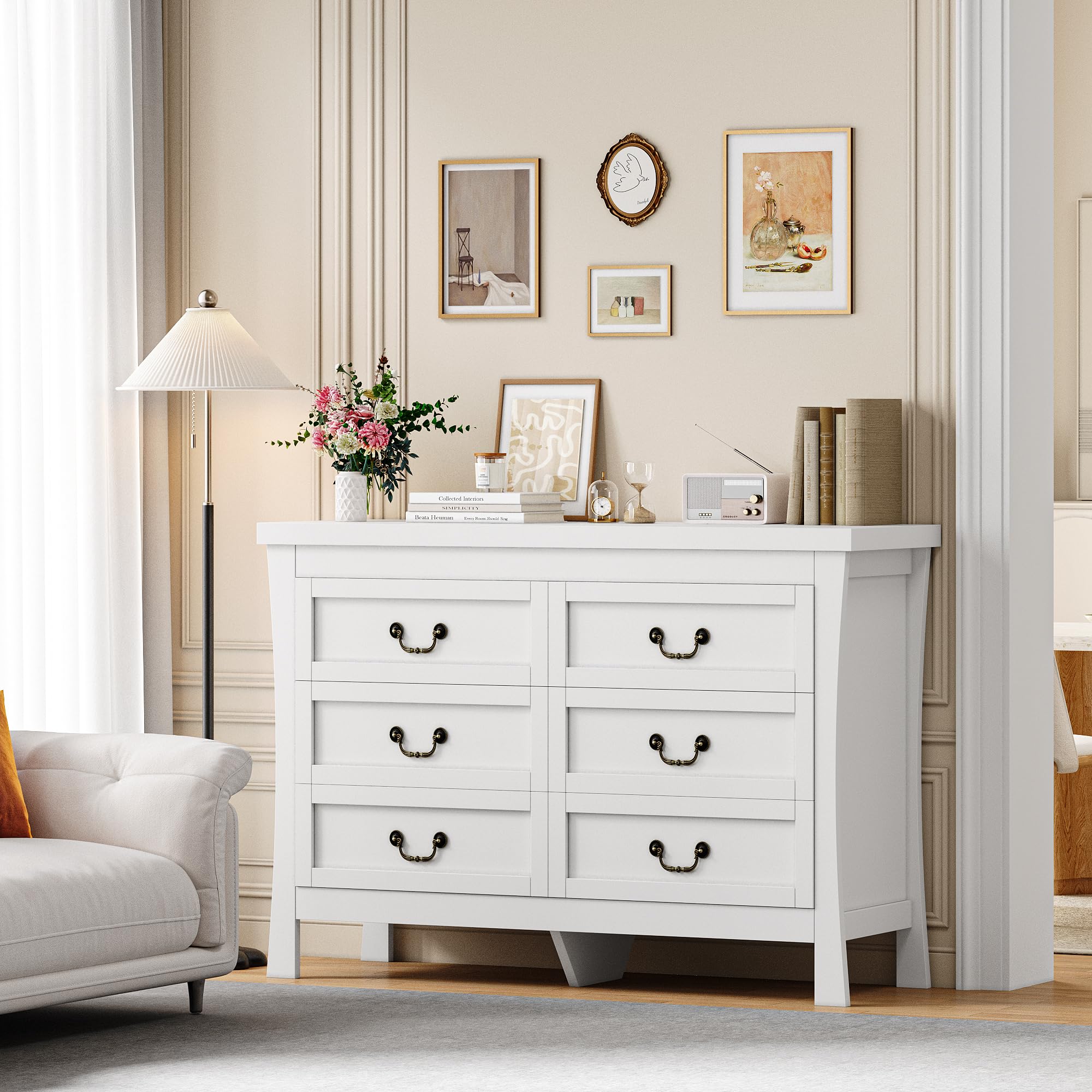 FEONASE Cassettiera Per Camera Da Letto, 6 Cassetti Per Ampio Spazio Di Archiviazione, Moderna, in Legno, MDF, Mobile Per Camera Da Letto, 120x40x80cm, Bianca