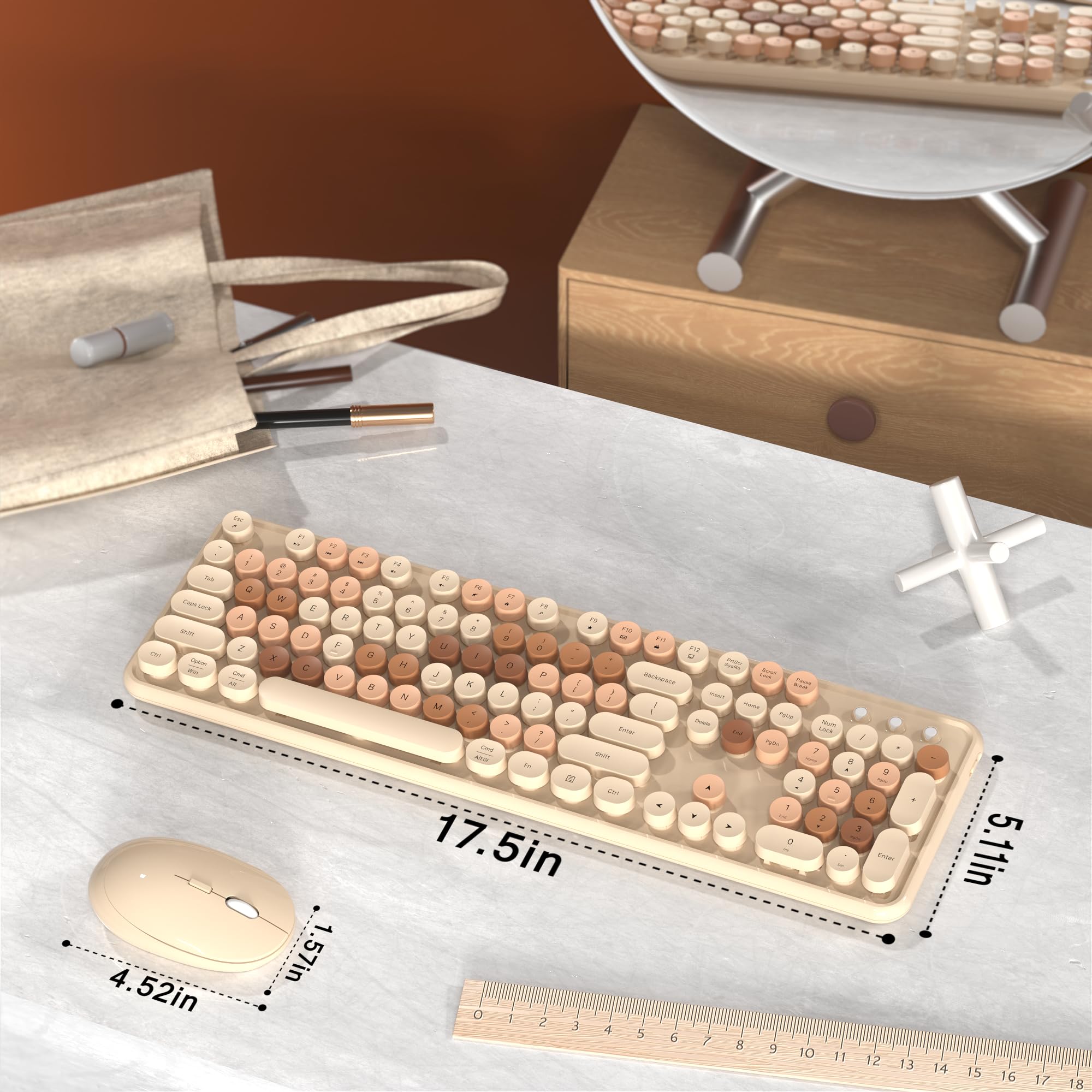 MPTOG Combo de teclado y mouse inalámbricos coloridos para computadora con teclas redondas de máquina de escribir, diseño retro, interruptor de encendido, diseño ergonómico, inalámbrico de 2.4 GHz