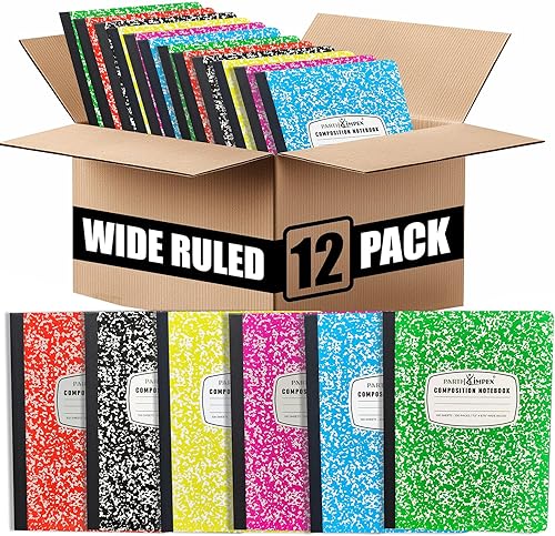 PARTH iMPEX Paquete de 12 cuadernos de composición a granel con rayas anchas, 200 páginas (100 hojas), 9-34 x 7-12, cuadernos de tapa dura con rayas