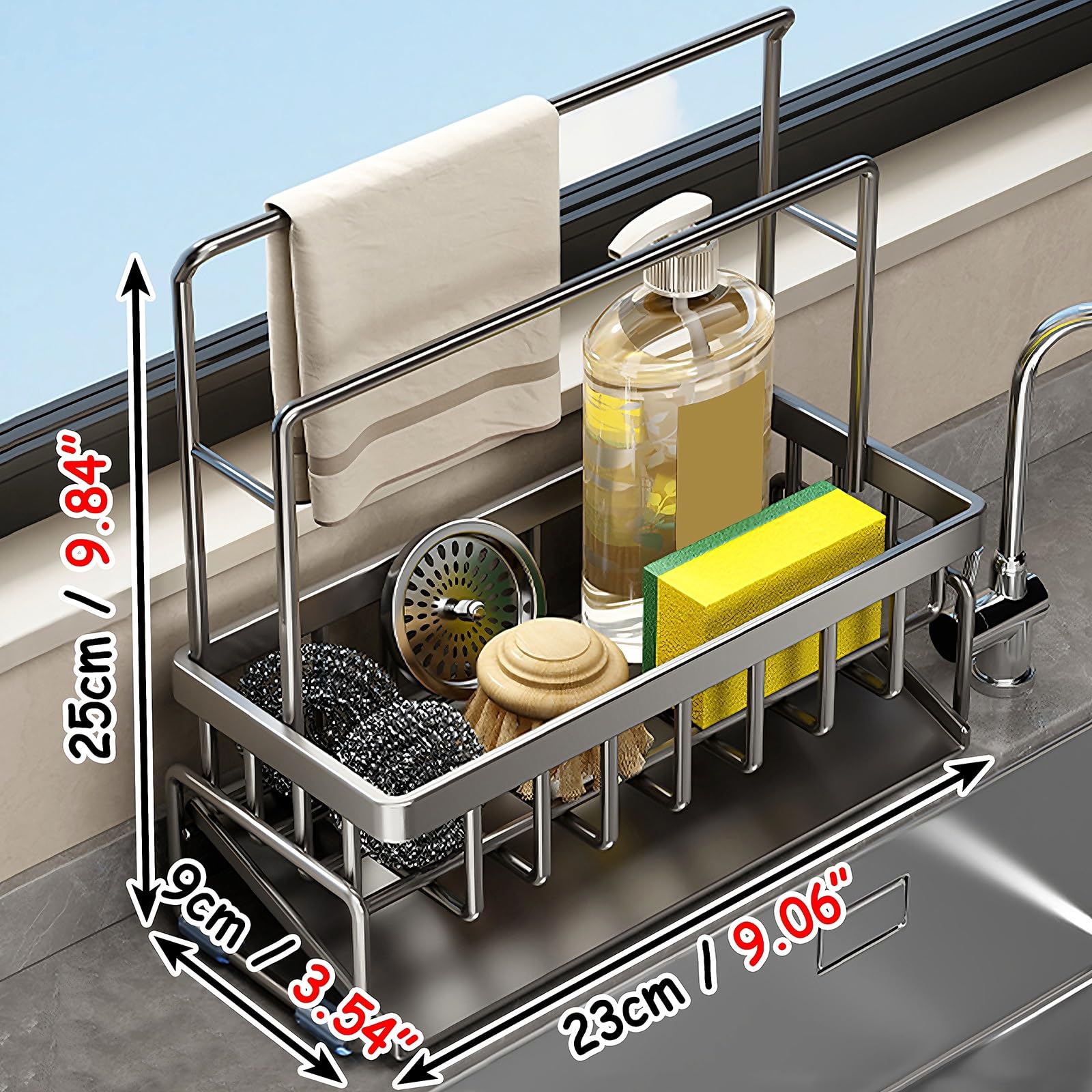 Produkty do czyszczenia kuchni Uchwyt na gąbkę do zlewu ze stali nierdzewnej/stali węglowej ze stojakiem na ręczniki do kuchni i łazienek (szary 23 x 9 x 25 cm)