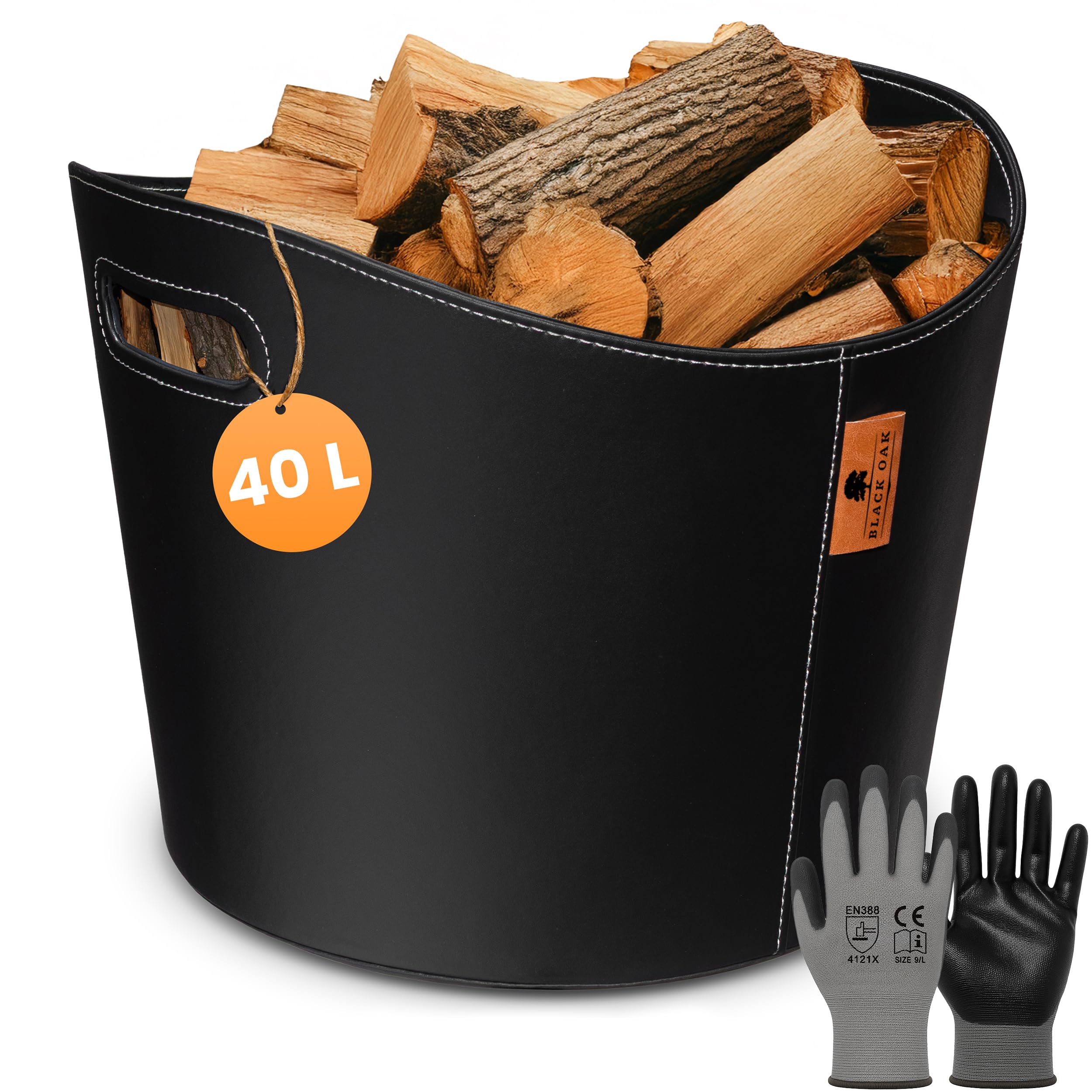 BLACK OAK DAKOTA L 40L Holzkorb für Kaminholz - Kunstleder schwarz 30kg Traglast - 40 Liter 40x38x32cm - Kaminholzkorb Holzkorb Brennholzkorb Tasche Korb für Holz Transport & Aufbewahrung schwarz