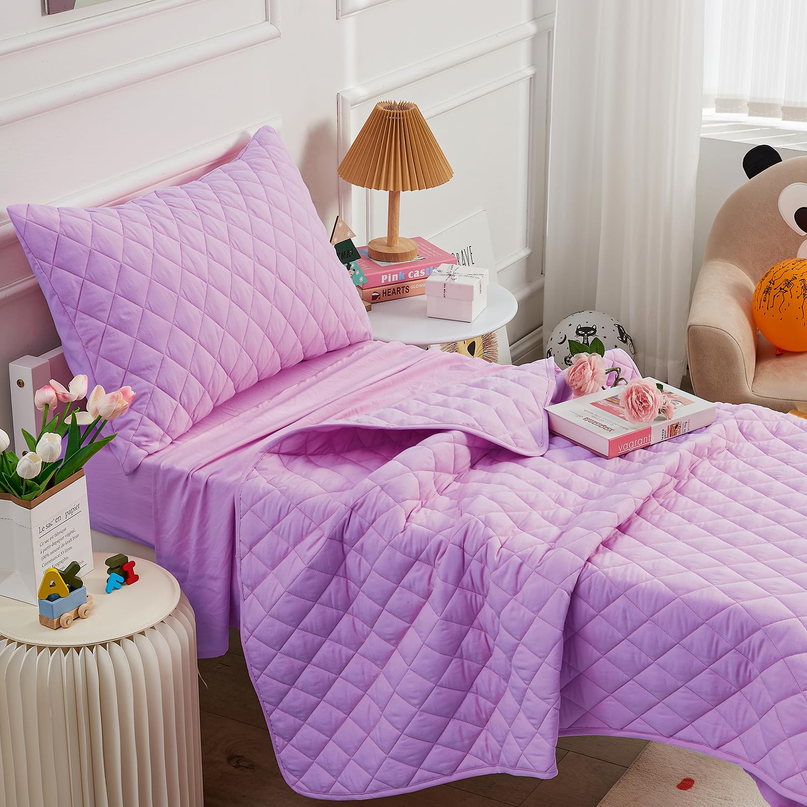 Juego de ropa de cama morado para niñas, juego de cama de 4 piezas para niñas, juego de edredón de color sólido con edredón ligero, sábana encimera, sábana bajera y funda de almohada