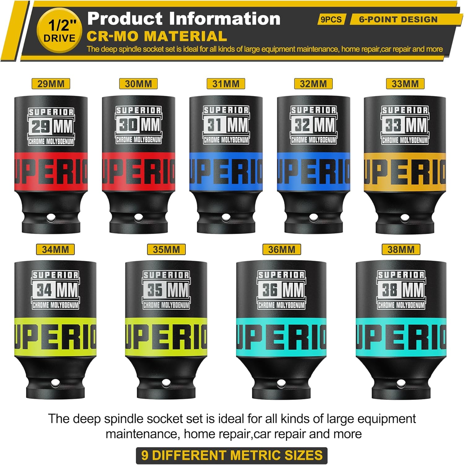 9 Piece 1/2" Drive Impact Socket Set, 29 mm-38 mm Axle Nut Socket, Metric, CR-MO, 6 Point, Large Equipment Maintenance, Home Repair, Car Repair and More