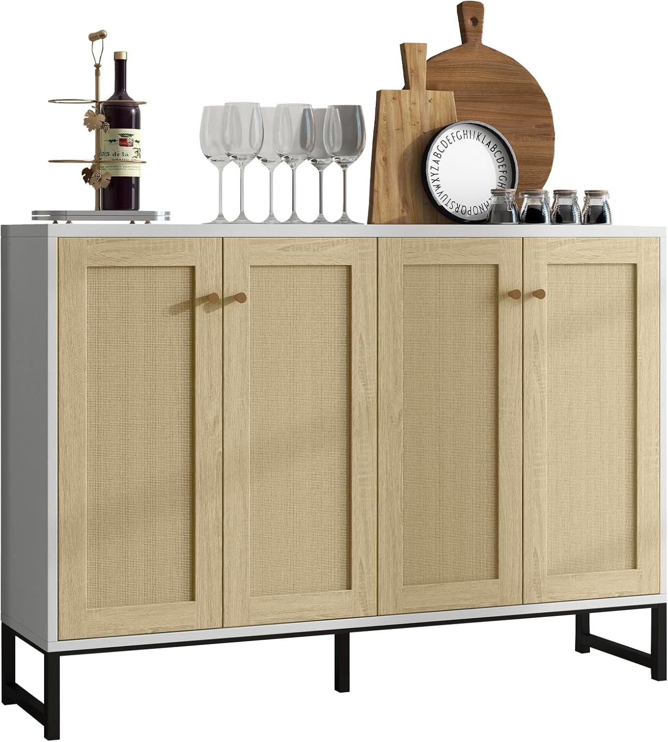 Panana Sideboard Accent Storage Cabinet with Rattan Decorated 4 Doors Dining Room Freestanding Kitchen Buffet Table Cupboard (White)