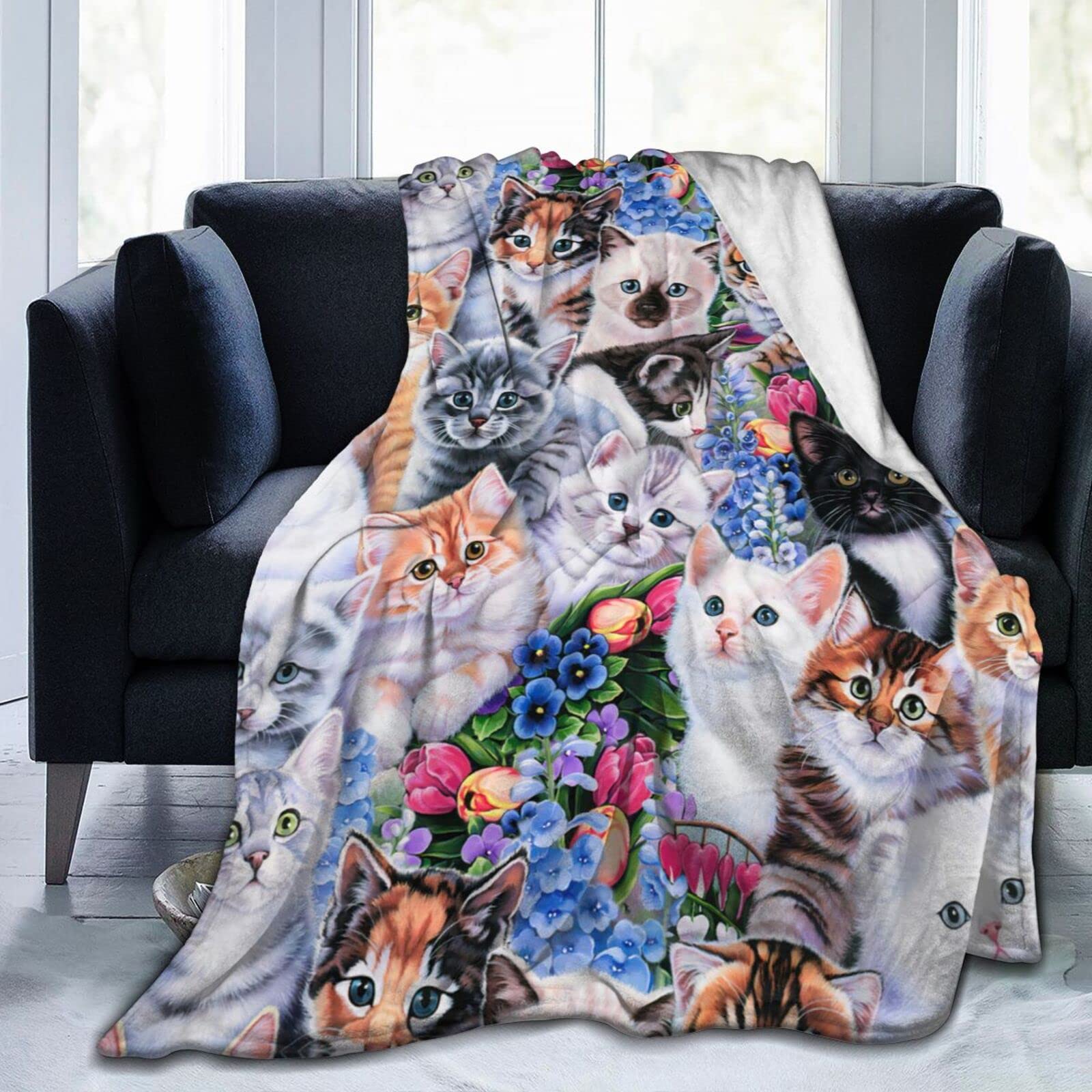 Couverture Chat Asiby 127x102cm - Flanelle Douce - Imprimé Félin - Décoration Canapé/lit - Lavable