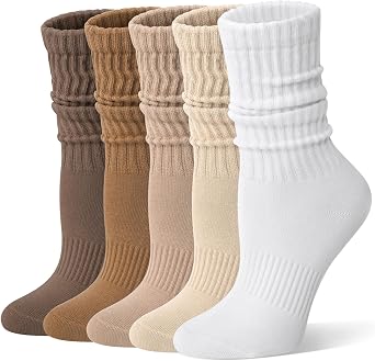 Slouchy Socks for Women, Slouch Cotton Crew Scrunch Socks | 5 Pairs, Stretchy Tube Boot Socks, Soft Knit Fabric, Arch Support, Retro Solid, Casual Daily Wear