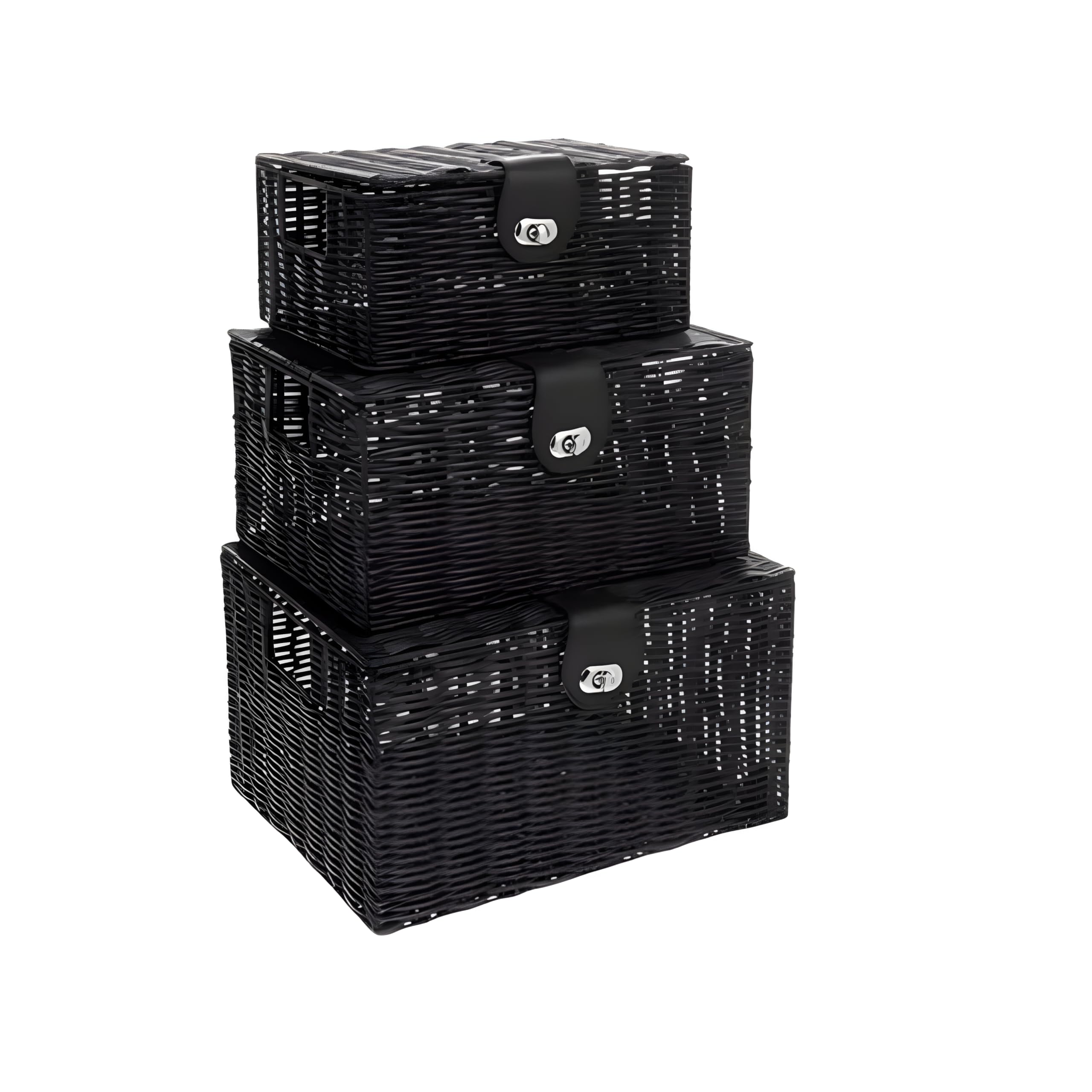 FROOBY Set of 3 Resin Woven Storage Baskets with Lids & Locks โ Durable Wicker Basket with Handles, Resin Hamper Boxes for Organising Shelves, Toys, Clothes, Home & Office Storage (Black)