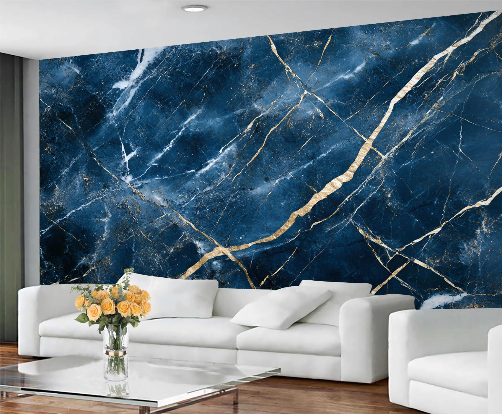 GIVLWF Marble Wallpaper, Blue Stone Texture Peel and Stick Wallpaper for Bedroom, Renter Friendly Wall Paper for Living Room, Dark Luxury Wall Mural - Large Home Decor 300x230 cm — image 1