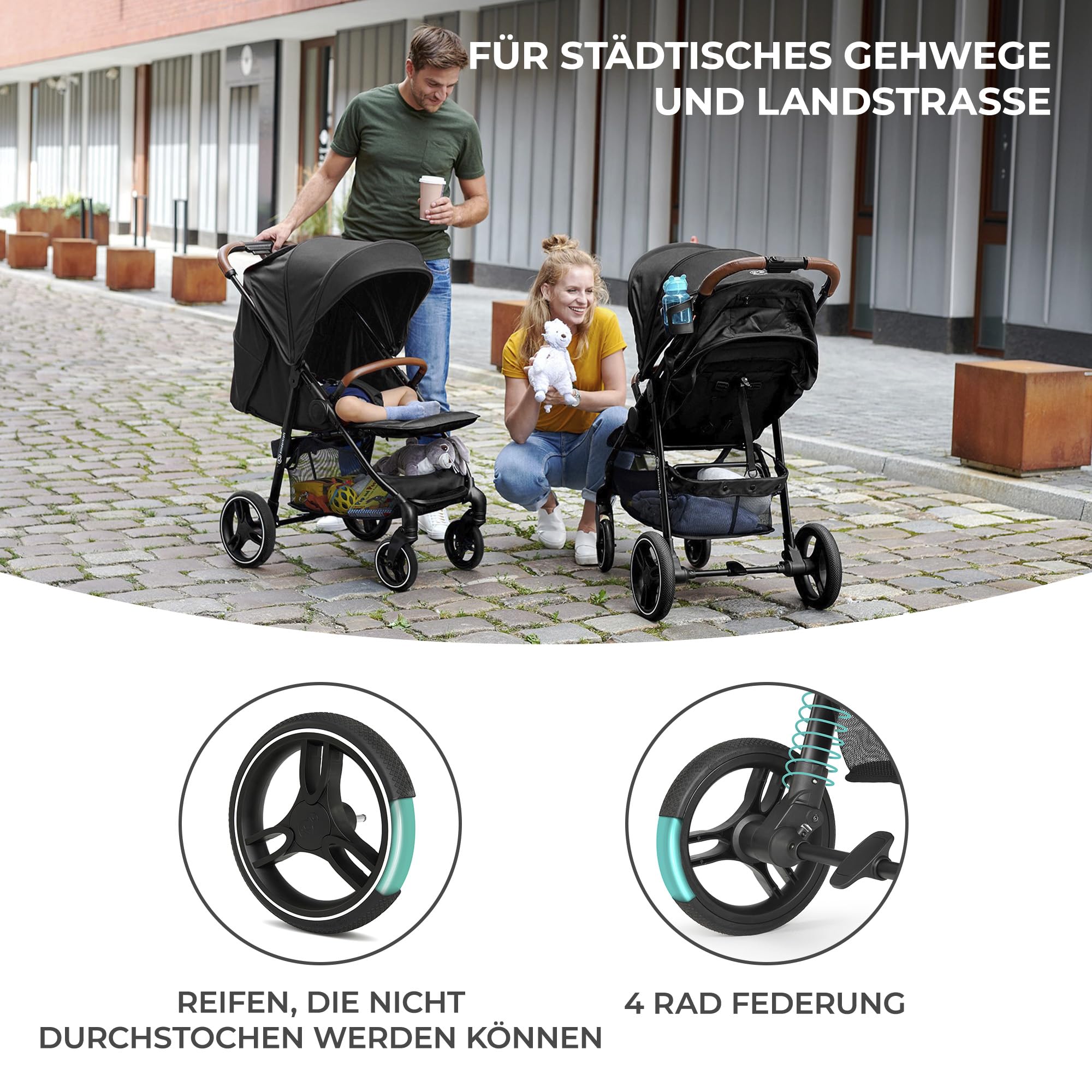 Kinderkraft GRANDE PLUS Buggy von Geburt bis 22 kg, Zusammenklappen mit einer Hand, Liegeposition, großes Verdeck mit Fenster, gedämpfte Räder, Grau
