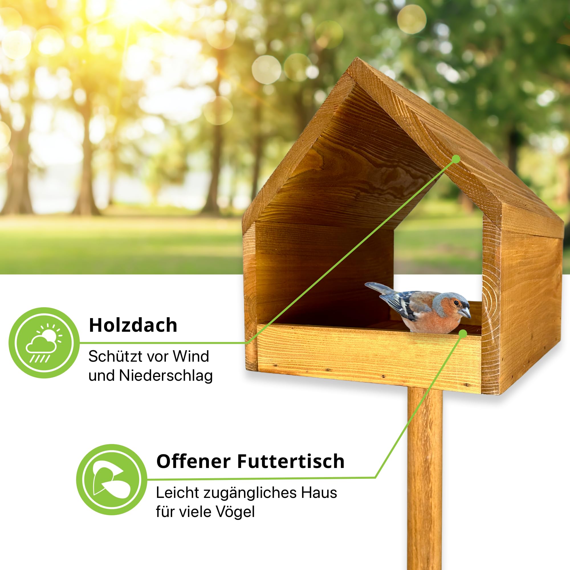 GARTENETAGE Vogelfutterhaus aus Massivholz mit Erdspieß – Wetterfestes Vogelhaus aus Kiefernholz für Wildvögel, stabiles Futterhaus für Garten, Rasen & Terrasse
