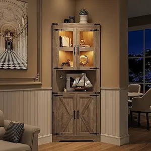 GAOMON Farmhouse Corner Cabinet with Lights, Tall Corner Storage Cabinet with Glass Door & Adjustable Shelves, for Living Room, Kitchen, Bathroom, Washed Grey