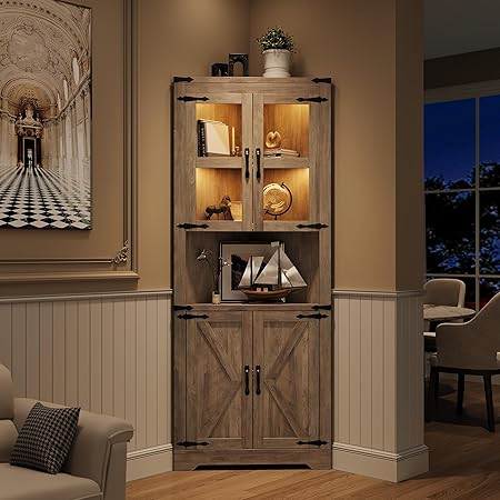 GAOMON Farmhouse Corner Cabinet with Lights, Tall Corner Storage Cabinet with Glass Door & Adjustable Shelves, for Living Room, Kitchen, Bathroom, Washed Grey