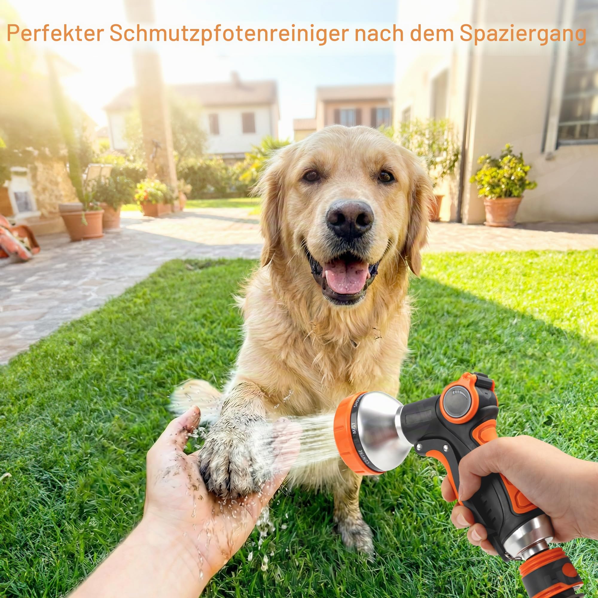 Hundedusche Schlauch-Set 14-teilig – 3m Gartenschlauch für Außenwasserhahn mit Warm-/Kalt-Adapter, Y-Verteiler & 8-Sprühmodi-Pistole – Ideal für Hundepfotenreinigung, Haustierbad, Garten & Autowäsche