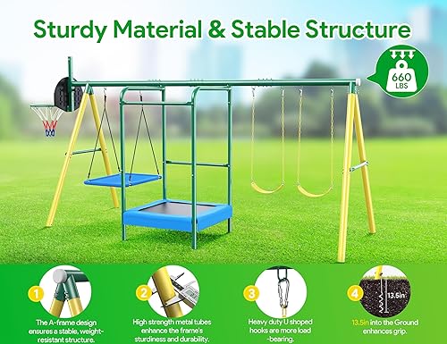 Miniatura 3 de Swing Sets for Backyard, 5-in-1 Outdoor Swing Set, 660 lbs Heavy Duty Extra Large Metal Kids Swing Sets with Trampoline, Platform Swing, 2 Swings