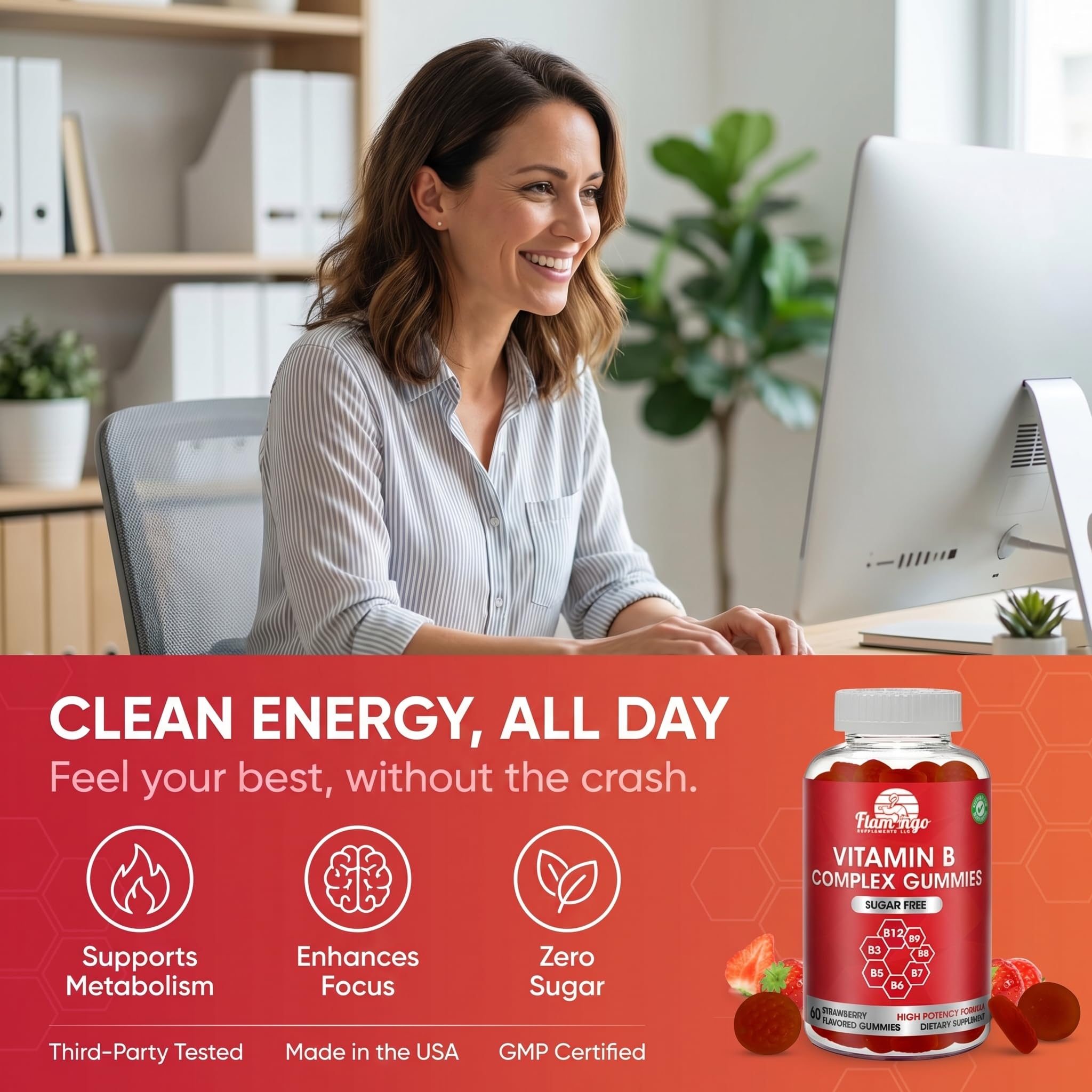 Sugar Free Methylated Vitamin B Complex Gummies for Energy Support - Vitamin B12, B6, B7 Biotin, B9 Folate, B3 Niacin & B5 - Vegan, Third Party Tested - Prenatal & Older Adults - 60 Gummies — Amazon image 4