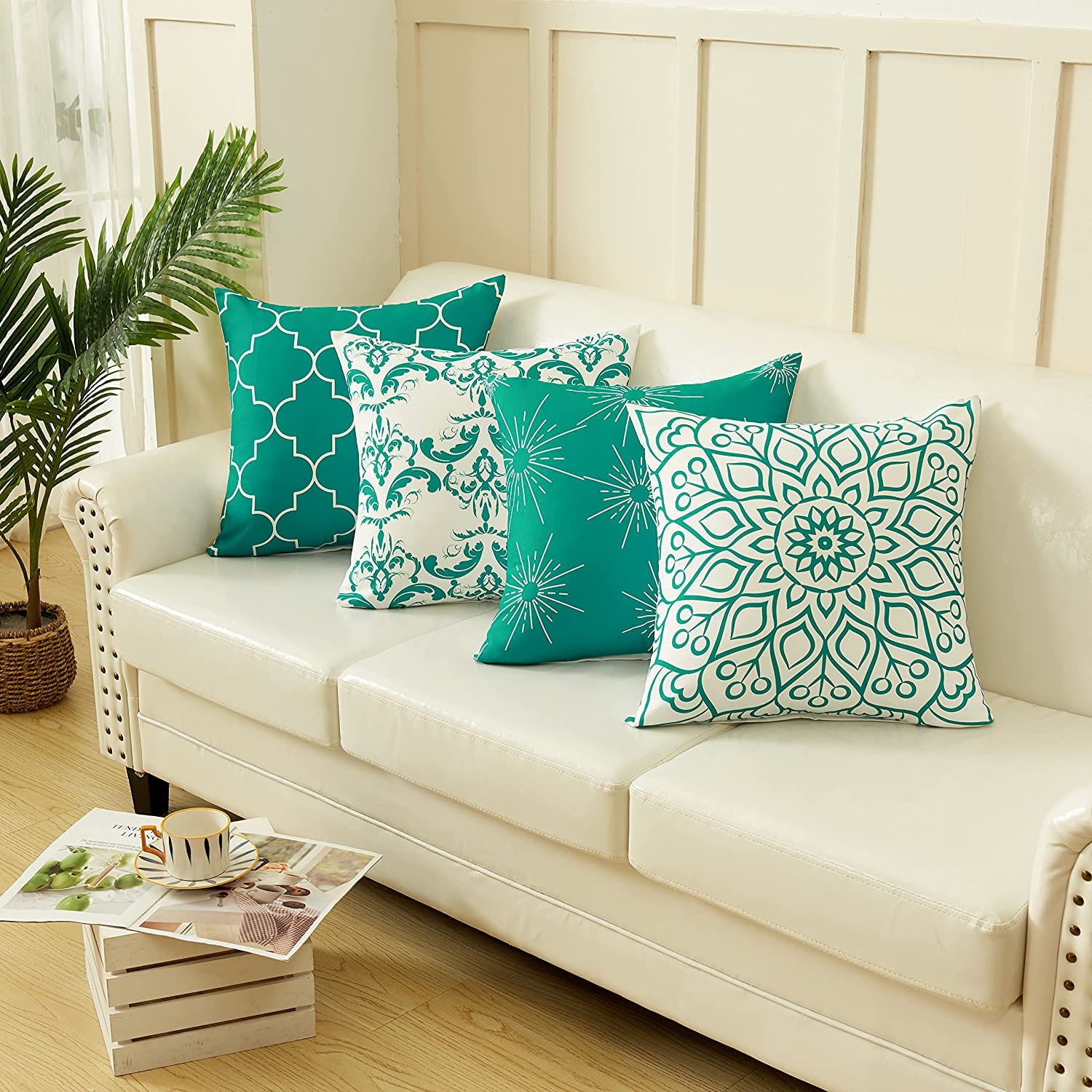 Pknoclan クッションカバー 45x45cm装飾枕カバー 4枚セット北欧ソファ背当て おしゃれシンプル座布団カバー モダンスクエアピローケース 家庭 オフィス 椅子 車内 ベッド インテリア 装飾 飾り レイクブルー