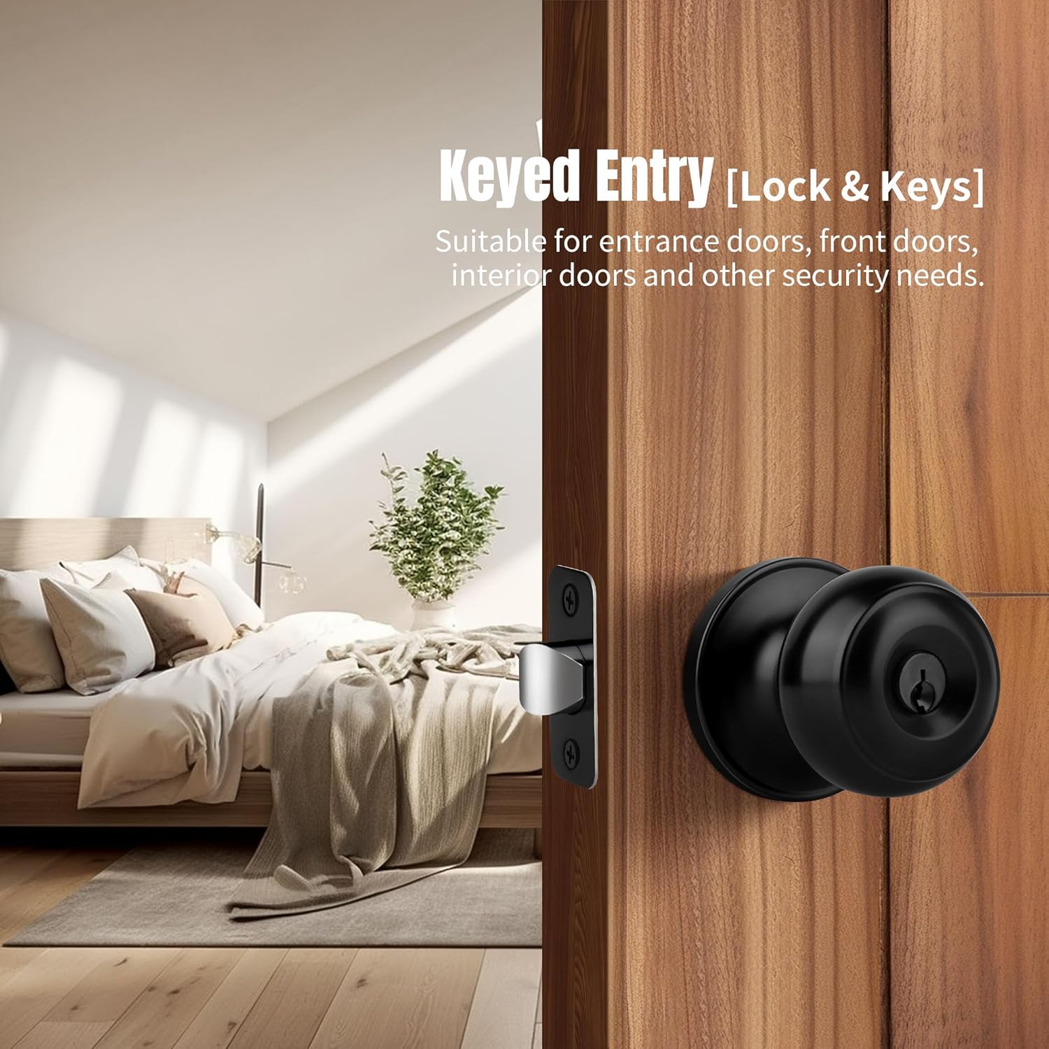 Moquin Keyed Entry Door Knob with Lock and Key, Interior and Exterior Locking Flat Ball Knob for Front Door or Bedroom, Black
