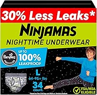 Pampers Ninjamas Boys Nighttime Bedwetting Underwear Size L (64-95+ lbs) 34 Ct - Ultra Absorbent Overnight Pull-Ups Leak Protection