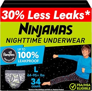 Pampers Ninjamas Boys Bedwetting Underwear Size L 64-95+ lbs 34 Ct Ultra Absorbent Overnight Pull-Ups