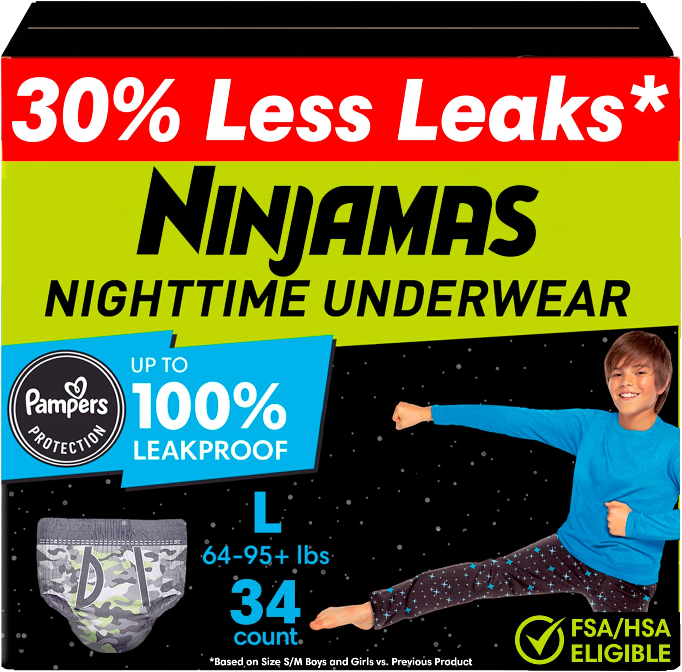 Pampers Ninjamas Nighttime Bedwetting Underwear Boys Size L (64-125 lbs) 34 Count (Packaging & Prints May Vary)