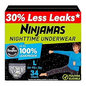 Ninjamas Boys Bedwetting Nighttime Underwear, Size L (64-95+