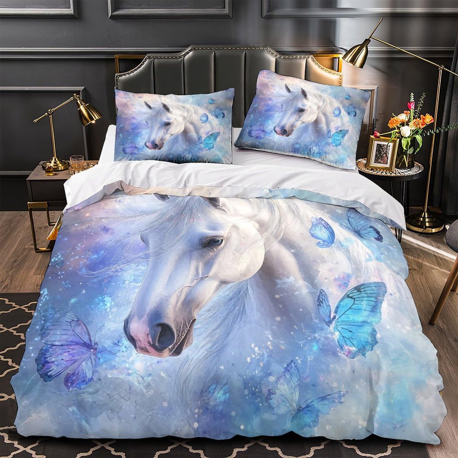 Parure de lit cheval 3D en microfibre avec 2 taies d'oreiller pour lit King 220x240 cm