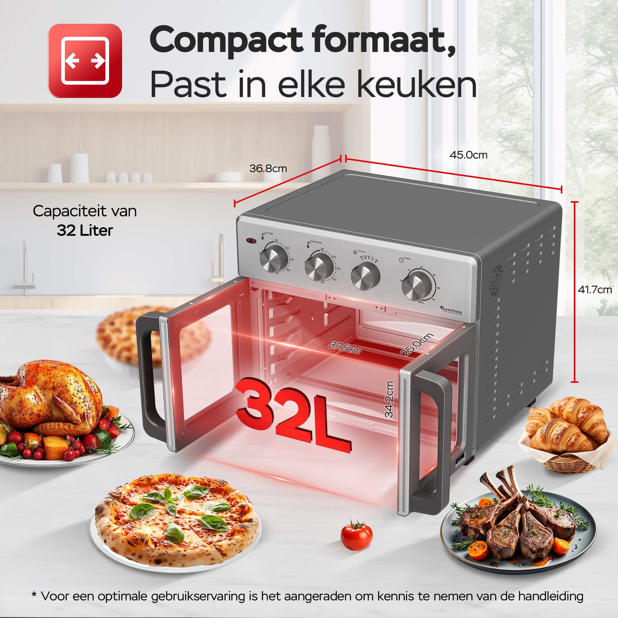 TurboTronic digitaler Heißluftofen - XXL 32 Liter mit Drehspieß für Hähnchen 4in1 Mini Backofen & Power Heißluftfritteuse Airfryer ab 80°C