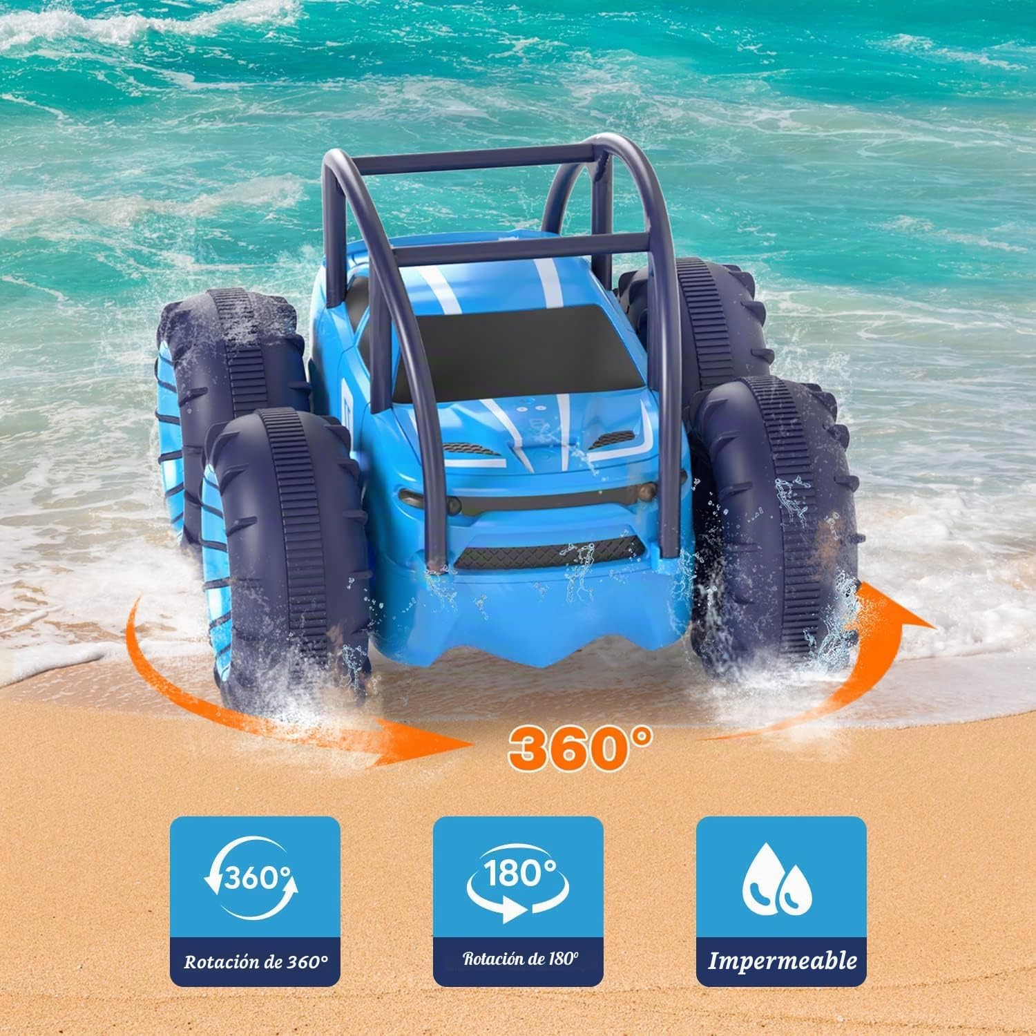 MaxTronic Coche teledirigido, Carga Directa Anfibio RC Stunt Auto Impermeable con Luz LED, Giros 360°, 4WD 15KM/H Todo Terreno 2.4G MonsterTruck Juguetes Niñas Niños para niños a partir de 3 años