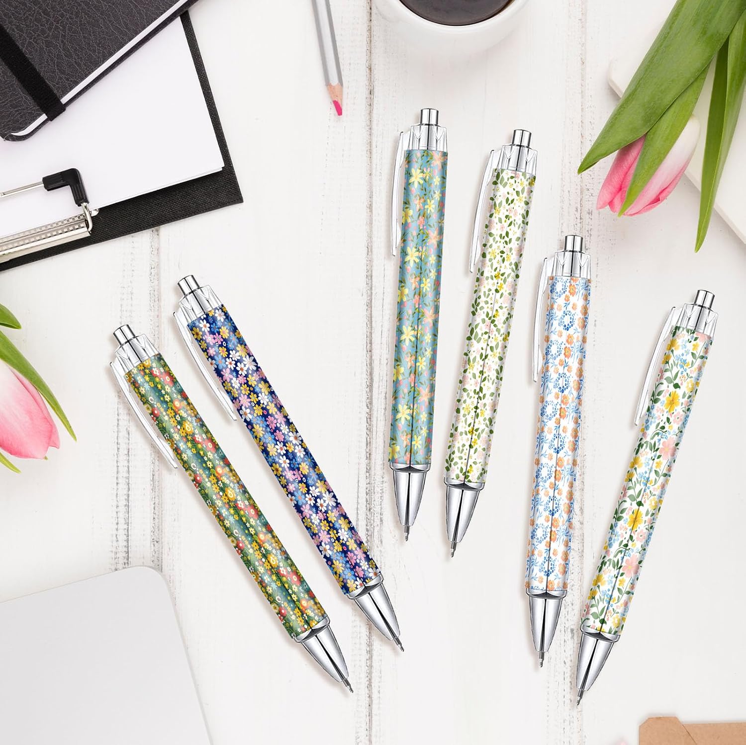 6 Pcs Ditsy Floral Ballpoint Pens, Black Ink Retractable Office Gift Pens image 4